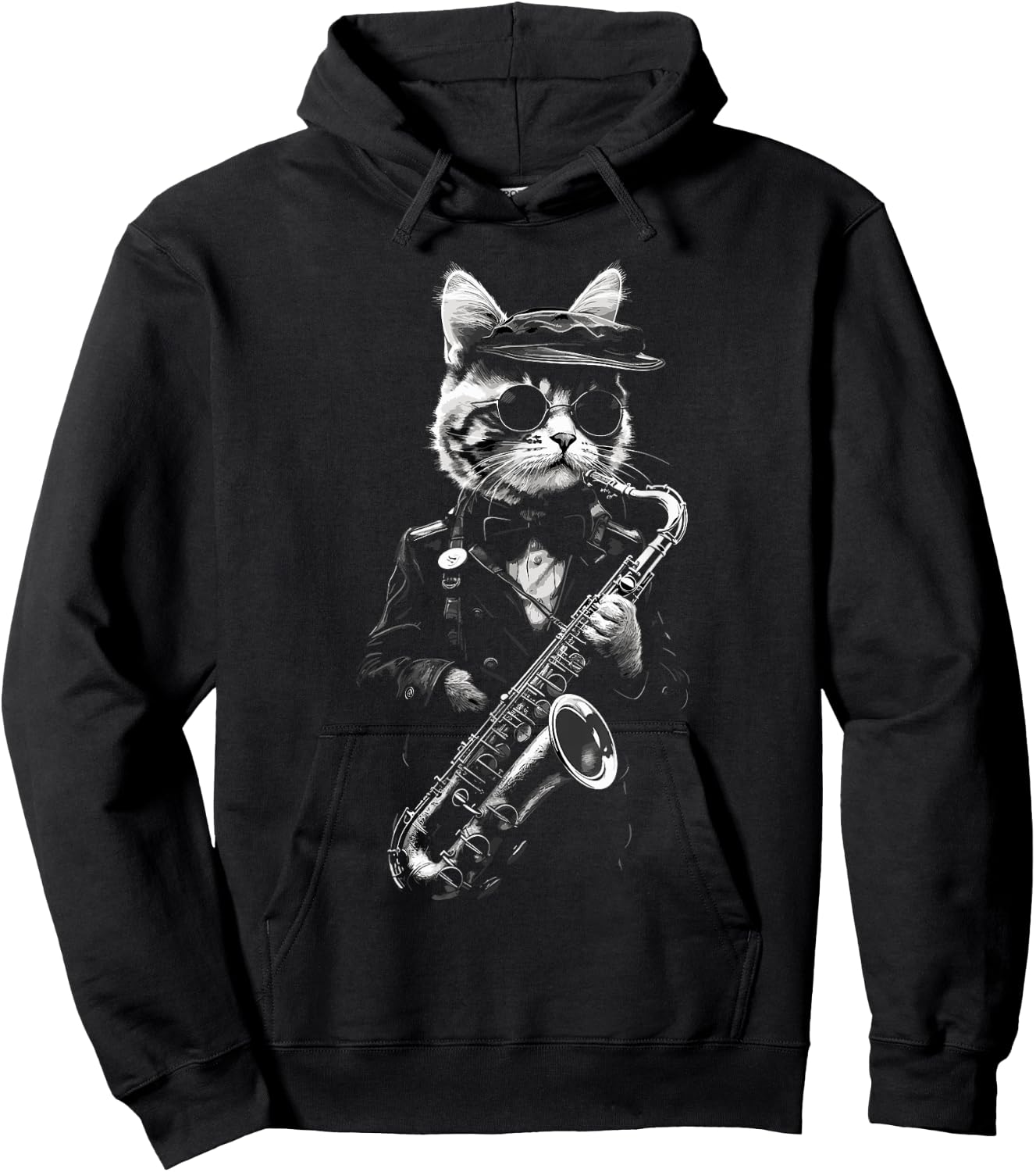 Funny Cat Wearing Sunglasses Playing Clarinet Musician Men Women Kids Hoodie - Hoodie | Black