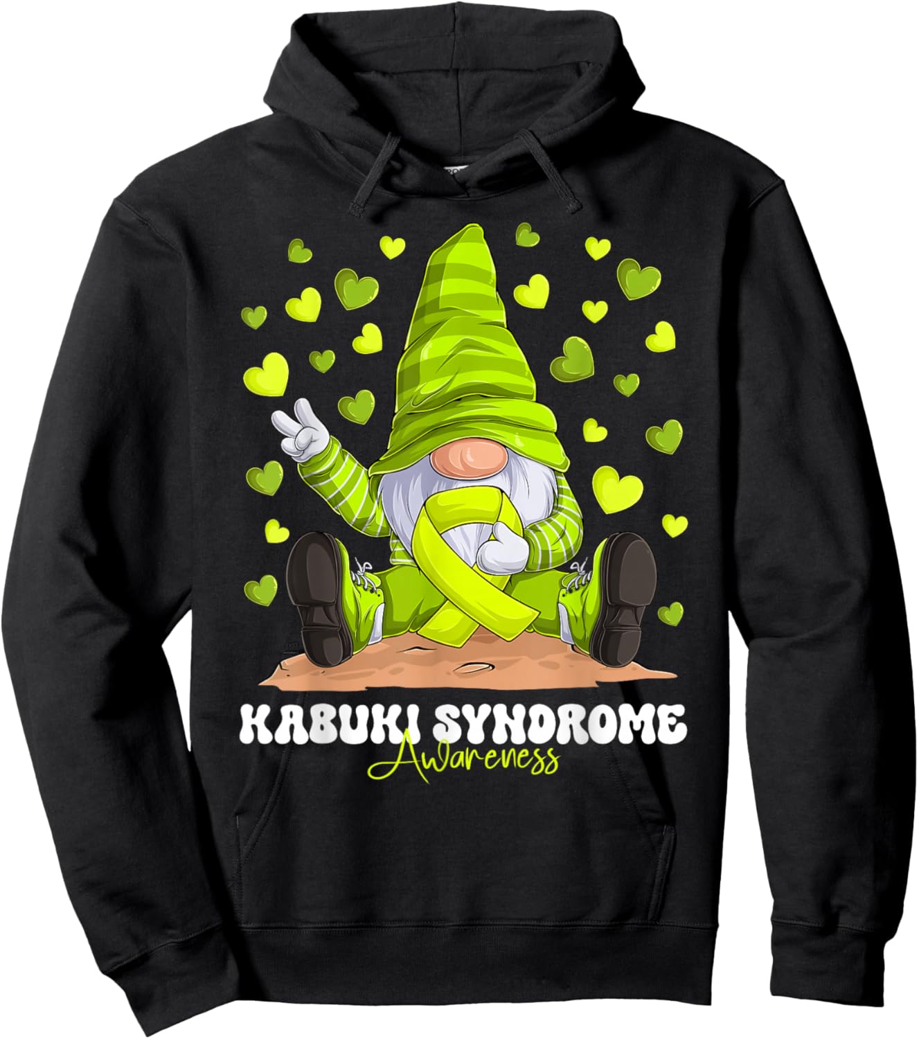 Kabuki Syndrome Awareness Month Lime Green Ribbon Gnome Hoodie - Hoodie | Black