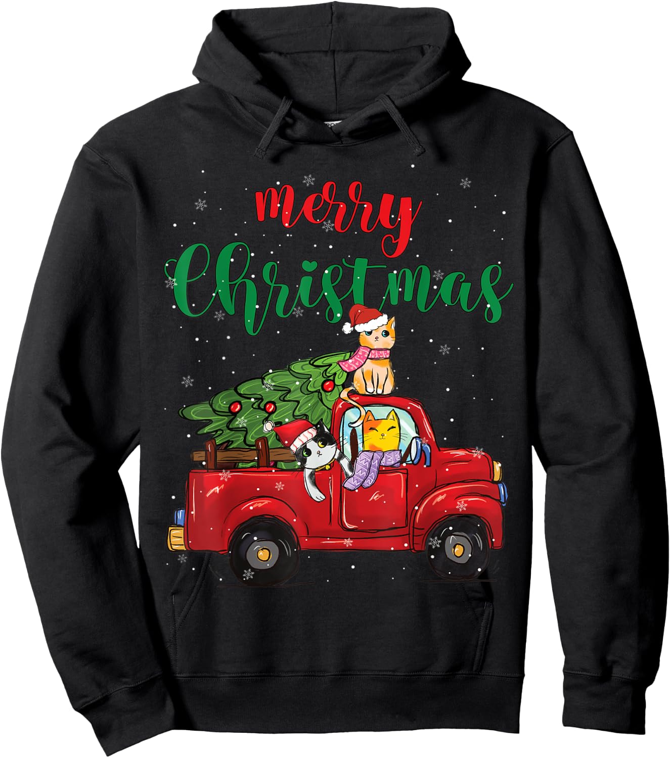 Merry Christmas Outfit Cats Truck Christmas Hoodie - Hoodie | Black
