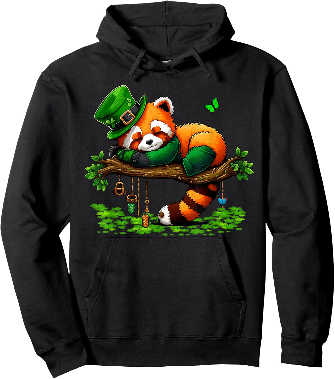 St Patricks Day Lazy Red Panda Shamrock Leprechaun Hat Panda Hoodie - Hoodie | Black