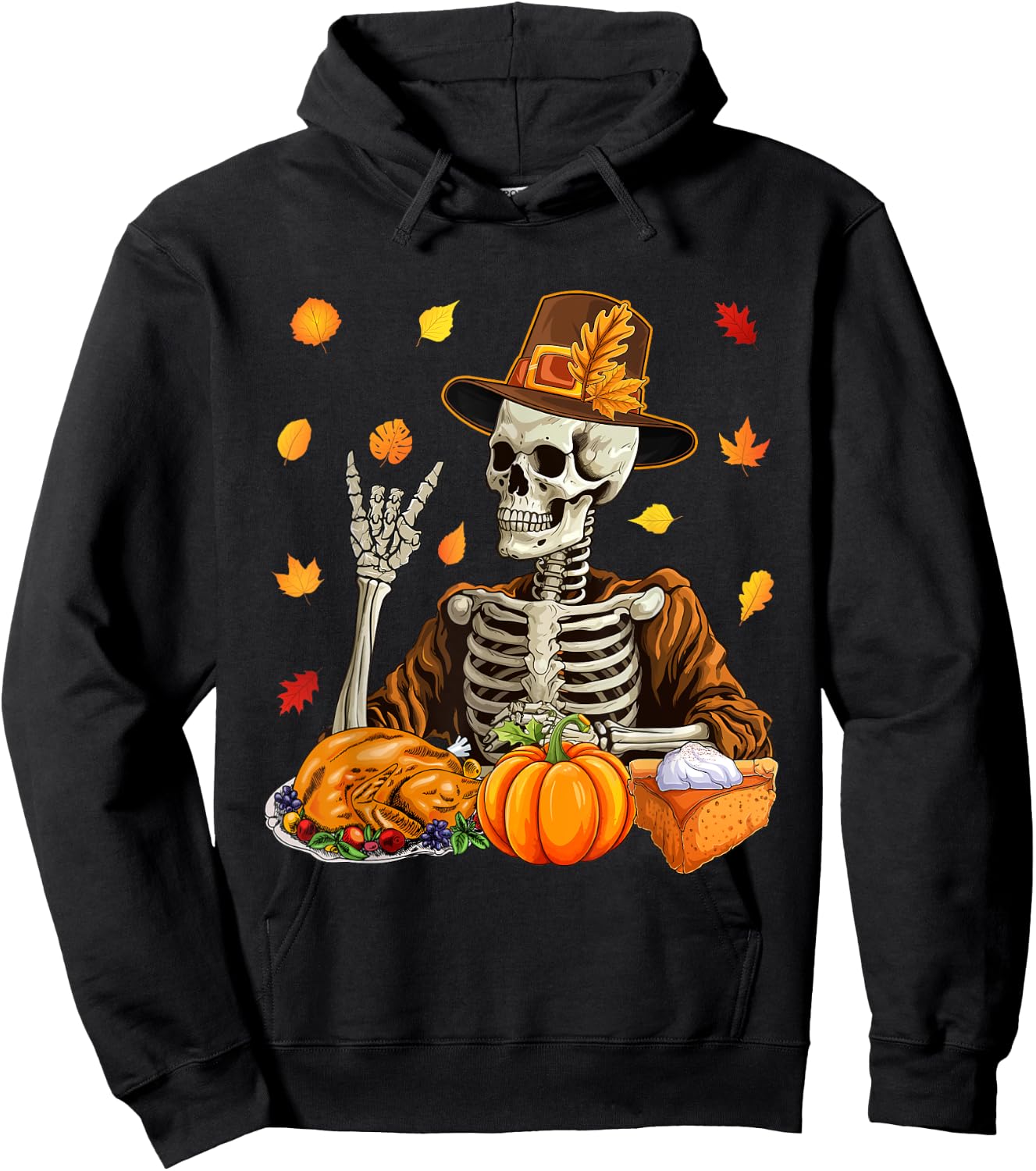 Thanksgiving X-ray Skeleton Funny Rock Hand Fall Leaves Hoodie - Hoodie | Black