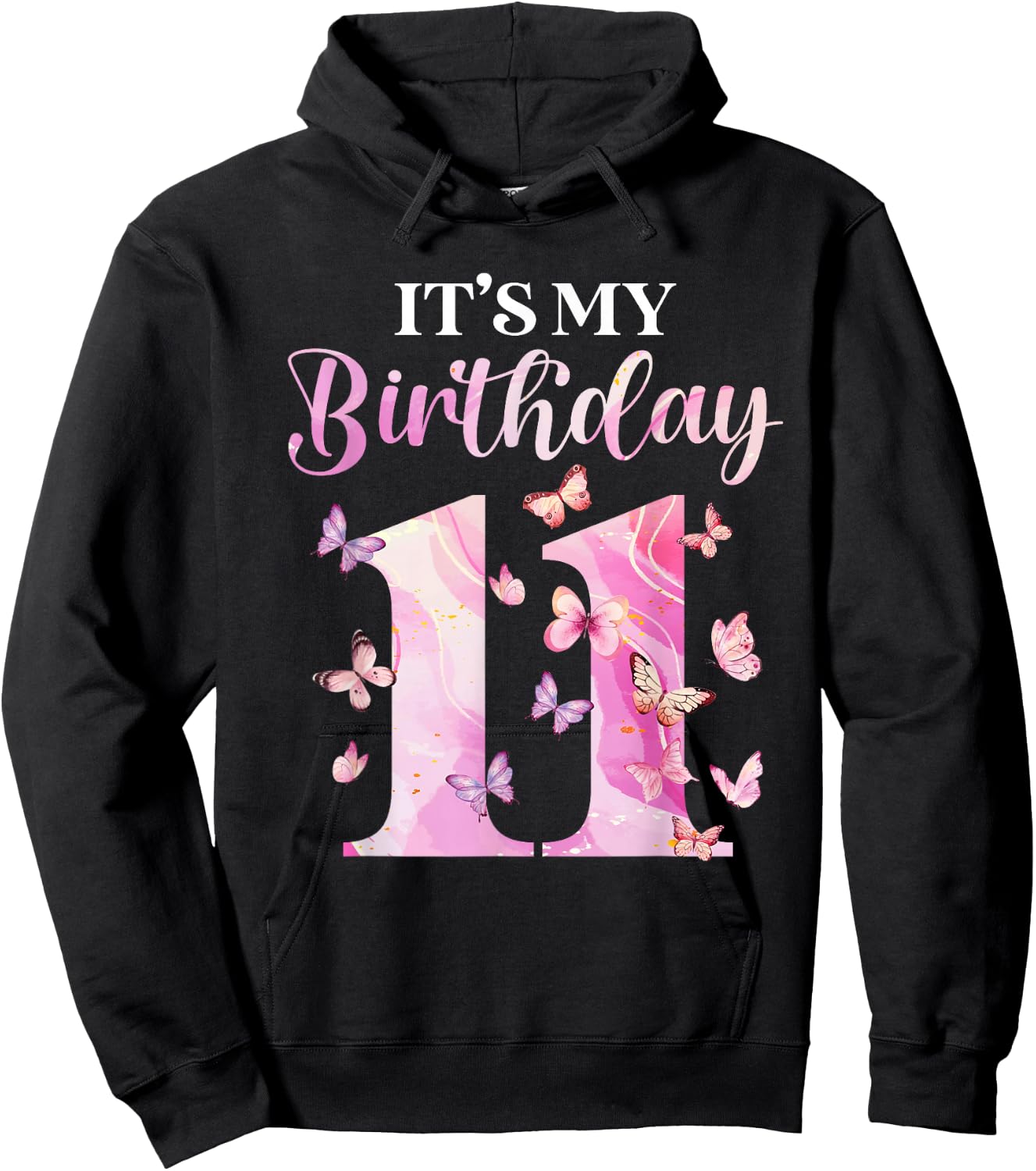 Butterfly 11th Birthday Outfit 11 Years Old Girl Kids Cute Hoodie - Hoodie | Black