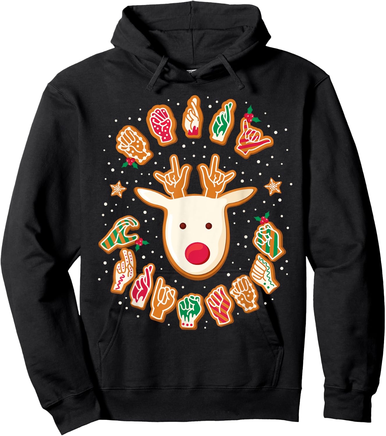 ASL Christmas Reindeer American Sign Language Gingerbread Hoodie - Hoodie | Black