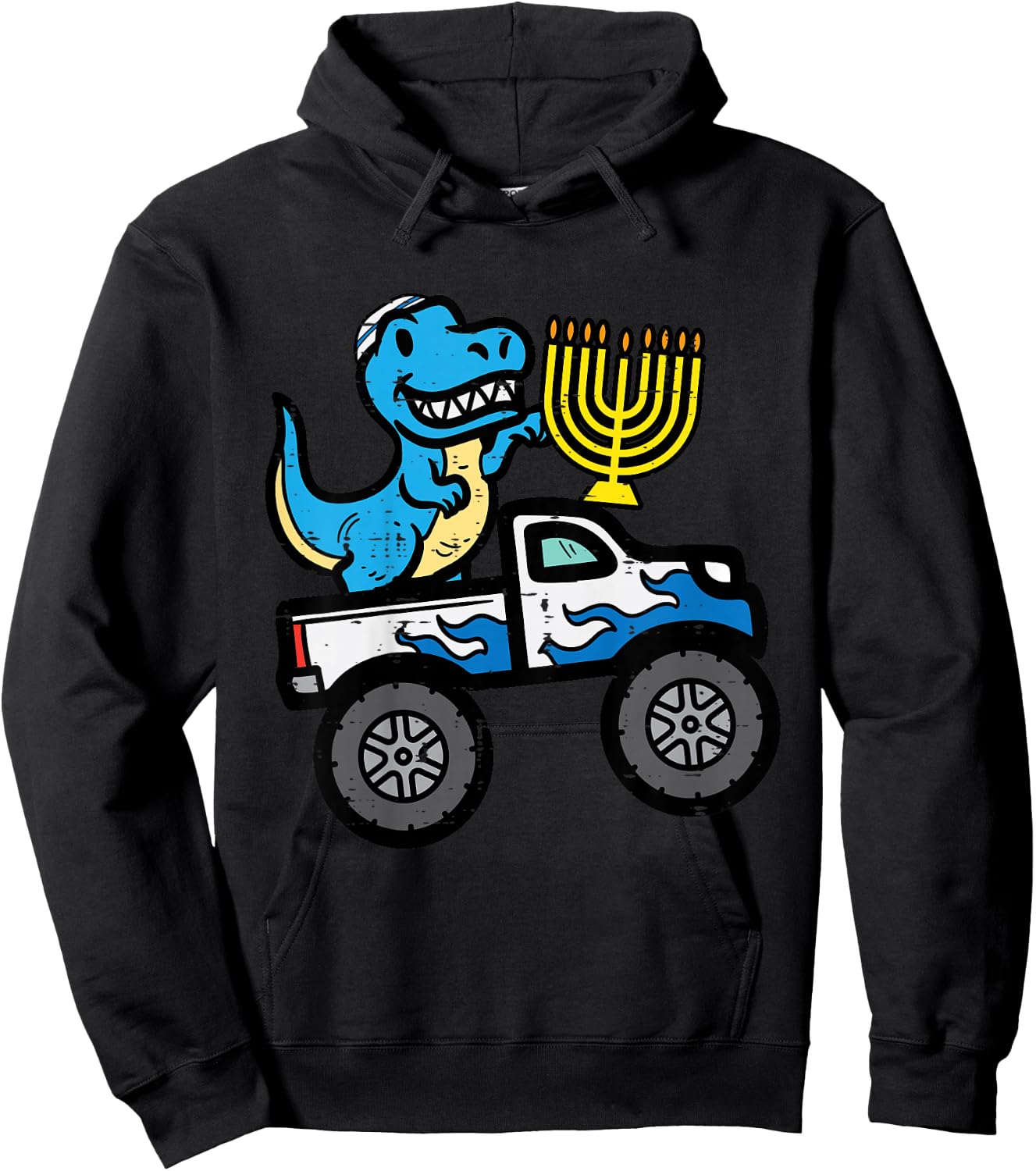 Kids Hannukah Dino On Monster Truck Chanukah Boys Toddler Youth Hoodie - Hoodie | Black
