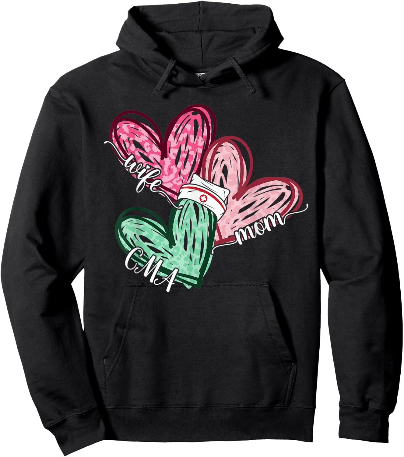 Wife Mom CMA Nurse Nursing Leopard Hearts Funny Mothers Day Hoodie - Hoodie | Black