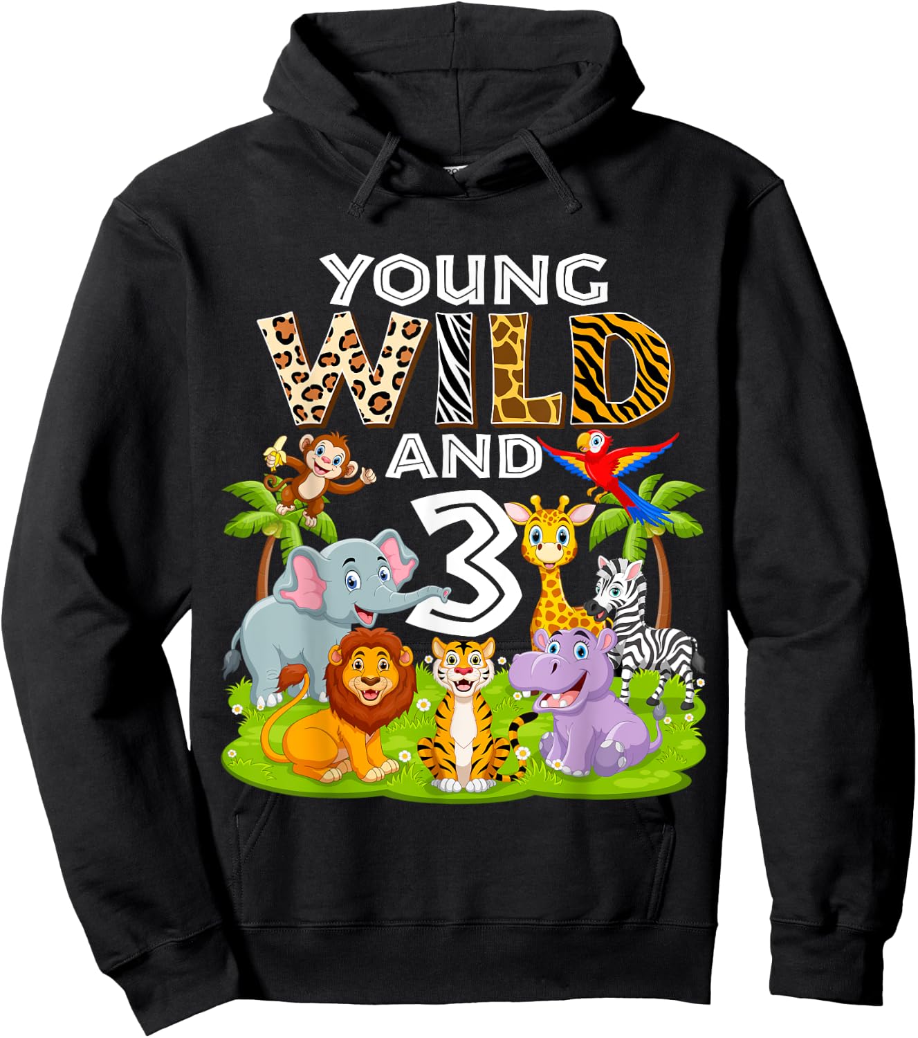 Young Wild and 3 Zoo 3rd Birthday Animals Jungle Safari Kids Hoodie - Hoodie | Black