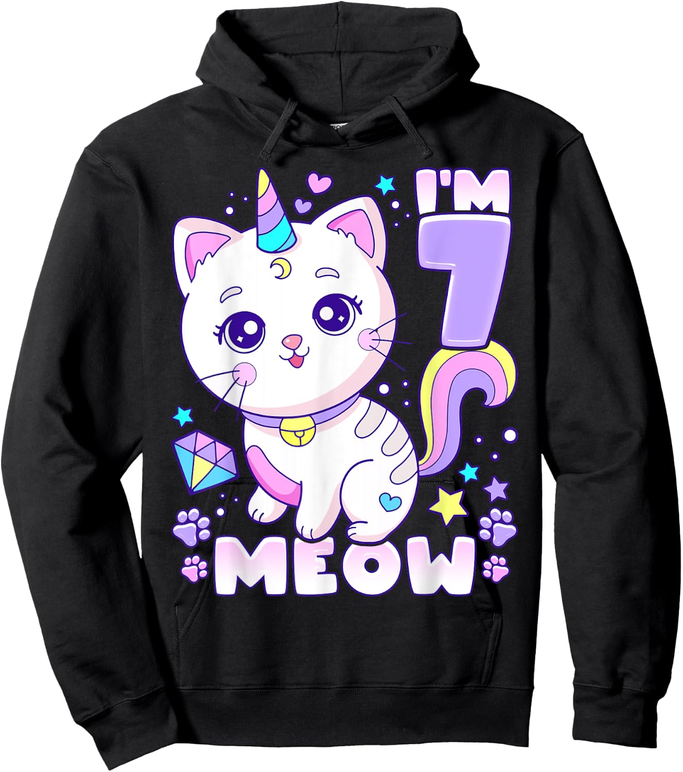Birthday girl 7 years old, cat, unicorn, 7th birthday Hoodie - Hoodie | Black