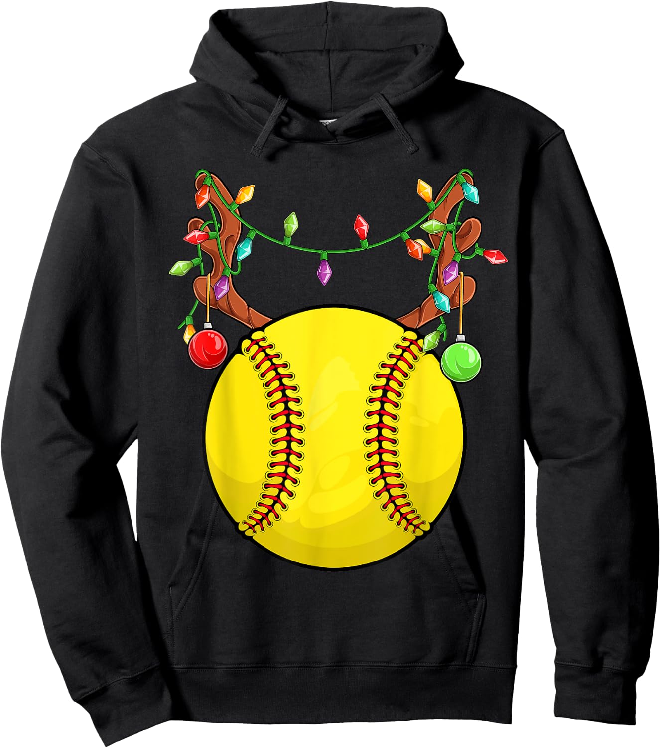 Softball Ball Reindeer Antler Christmas Ornament Pajama Teen Hoodie - Hoodie | Black