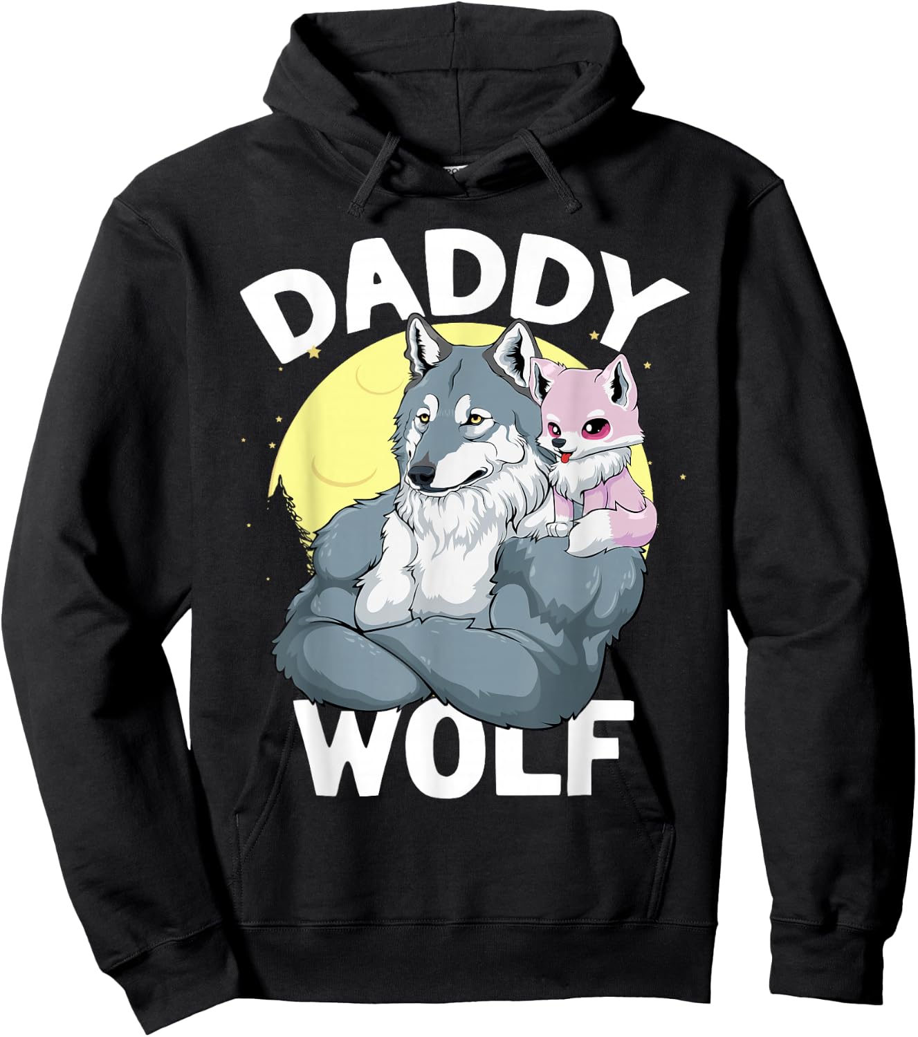 Daddy Wolf with Wolf Dad and Girl Wolf on Fathers Day Hoodie - Hoodie | Black