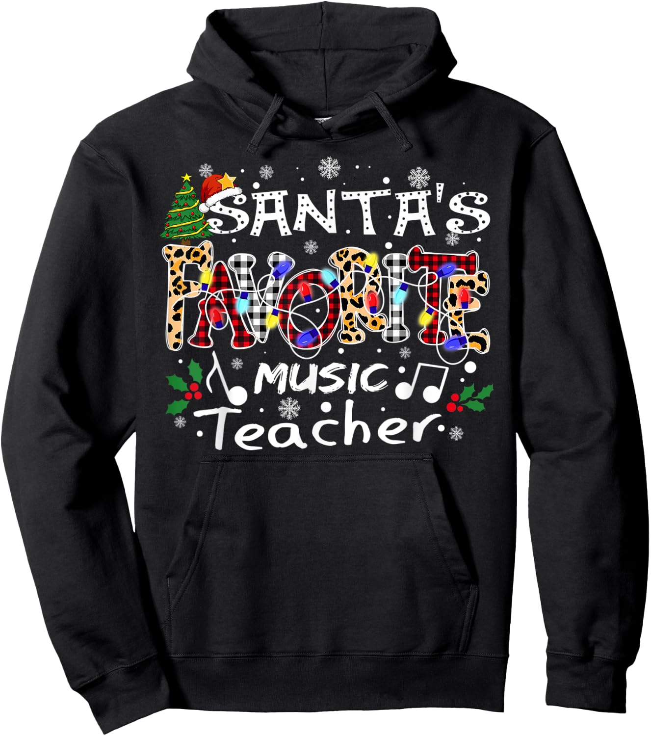 Merry Christmas Santa's Favorite Music Teacher Xmas Lights Hoodie - Hoodie | Black