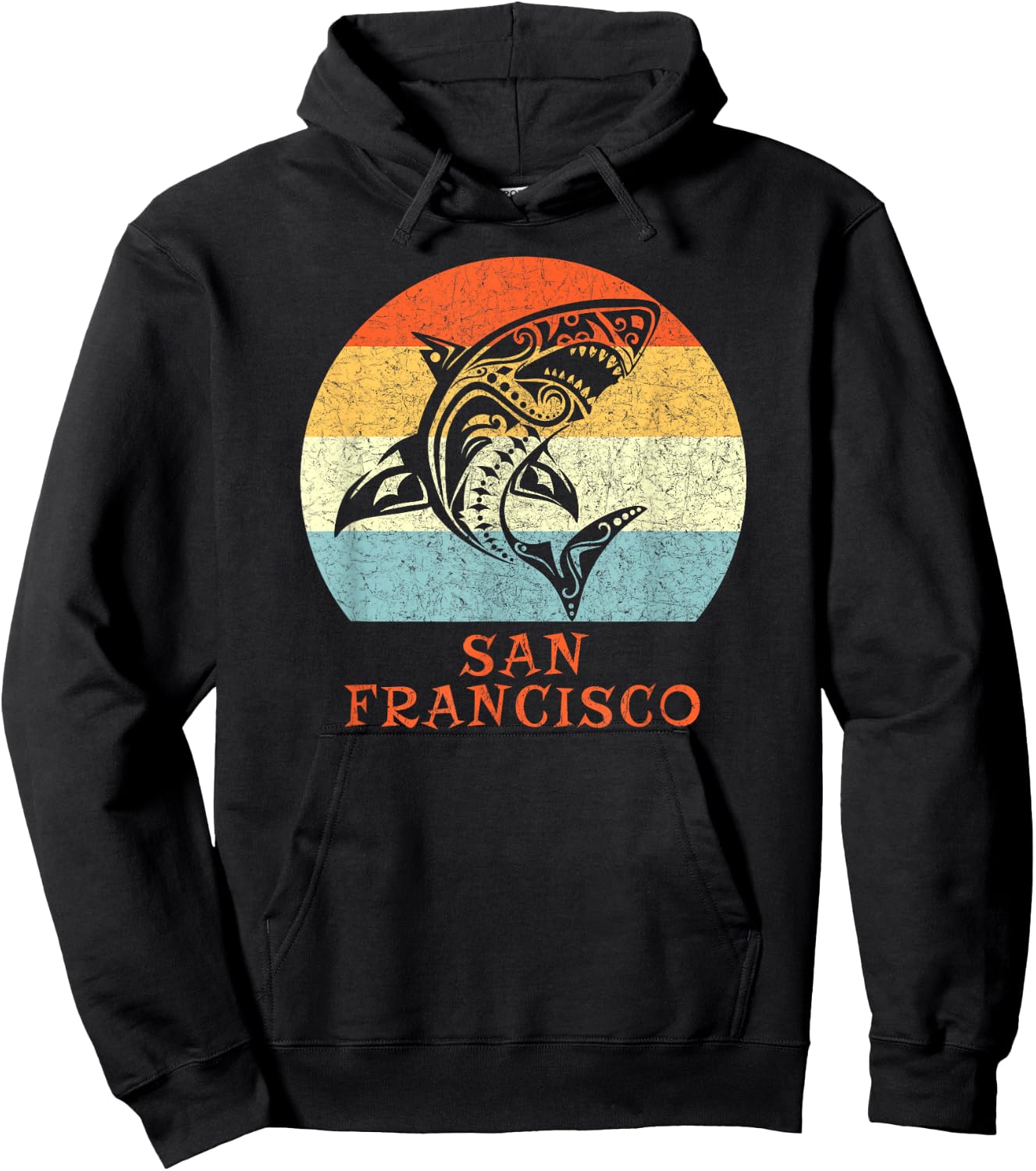 San Francisco, California Vintage Retro Tribal Shark Hoodie - Hoodie | Black