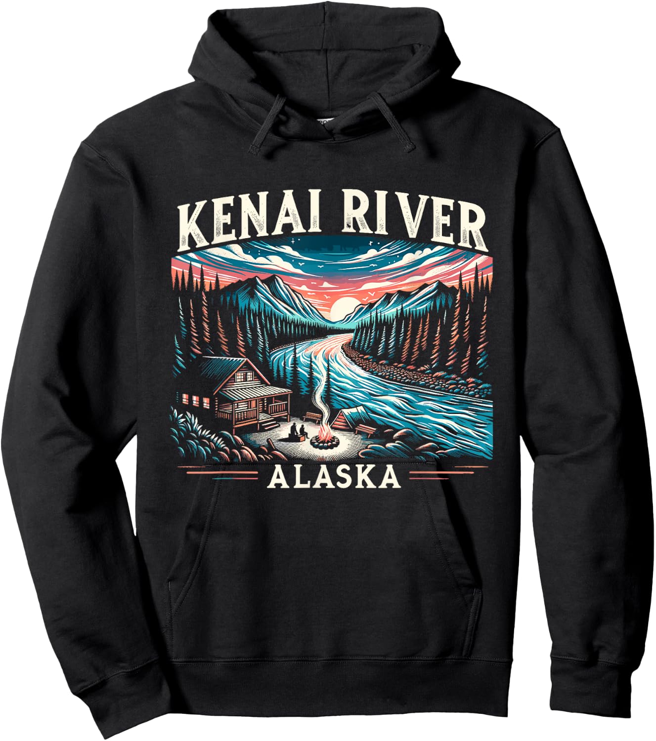 Kenai River Alaska AK Salmon Fishing Camping Hiking Retro Hoodie - Hoodie | Black