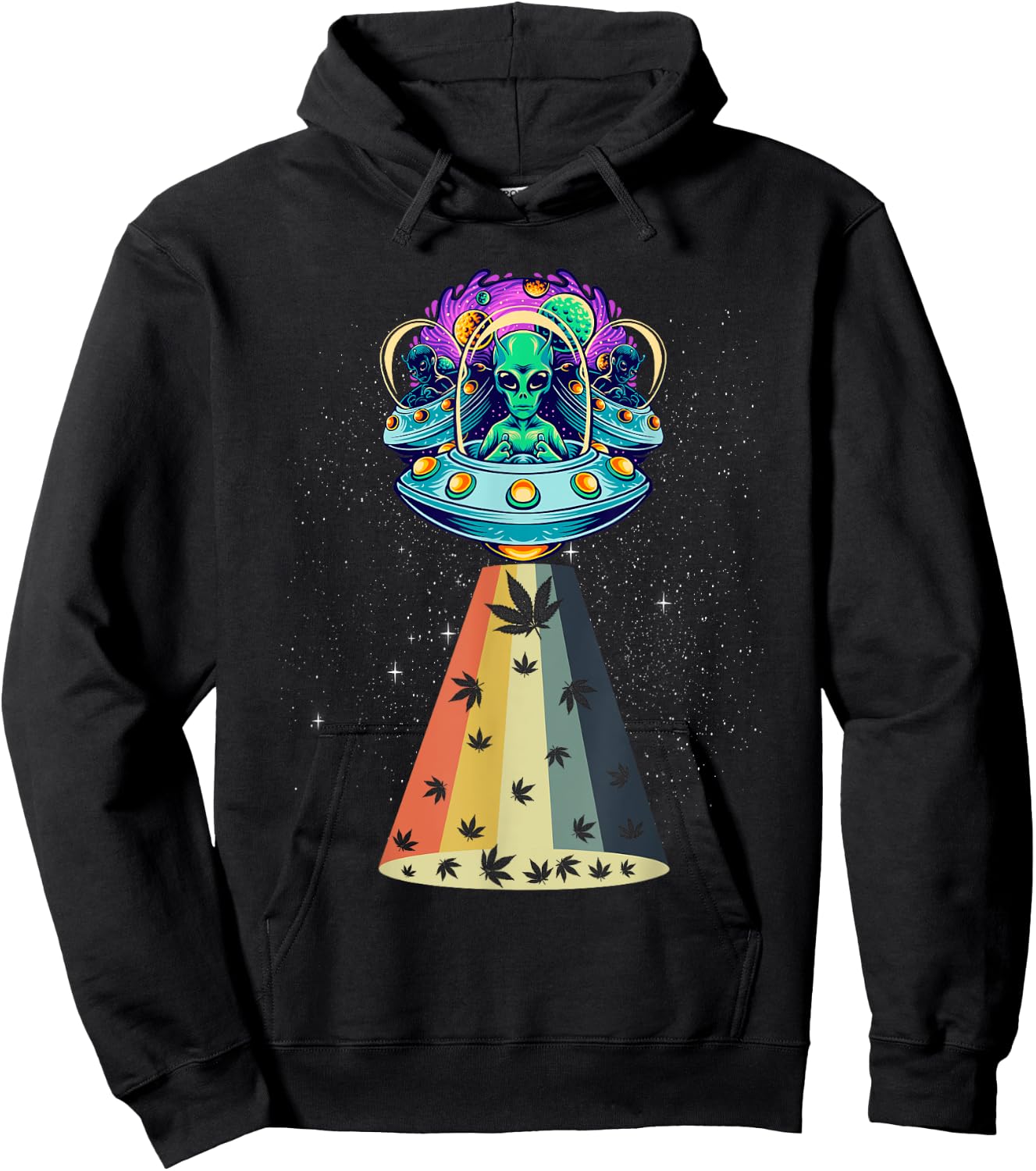 Vintage Alien Weed Pot Leaf UFO Abduction Marijuana Hoodie - Hoodie | Black