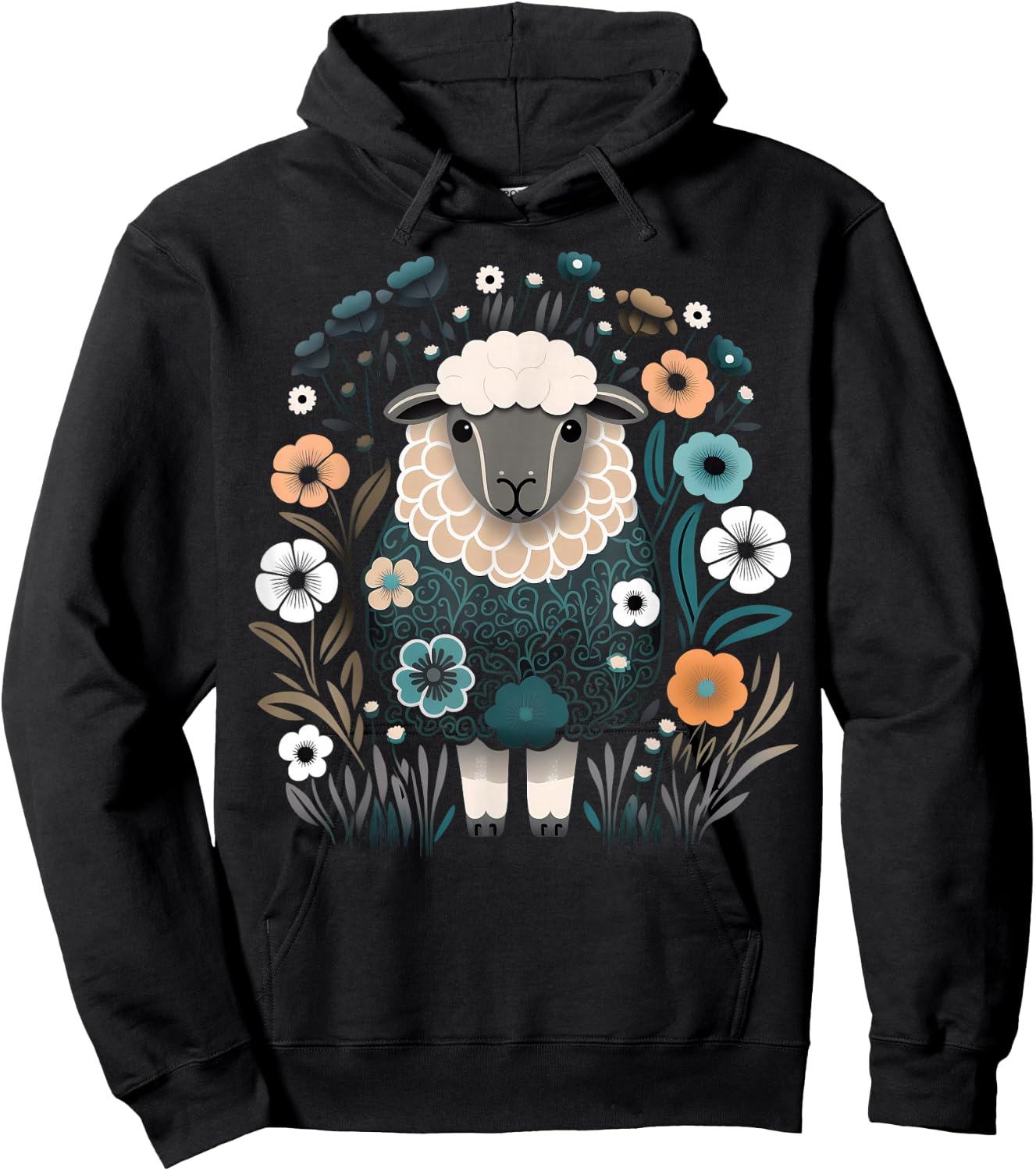 Cute Sheep Floral Colorful Flowers in the Garden Black Hoodie - Hoodie | Black
