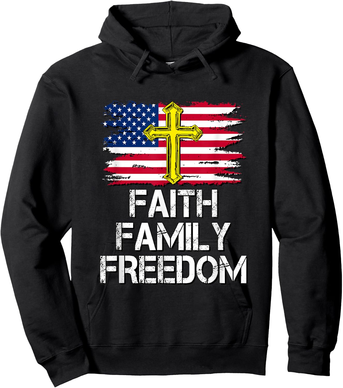 Faith Family Freedom - American Flag and Cross - Distressed Hoodie - Hoodie | Black