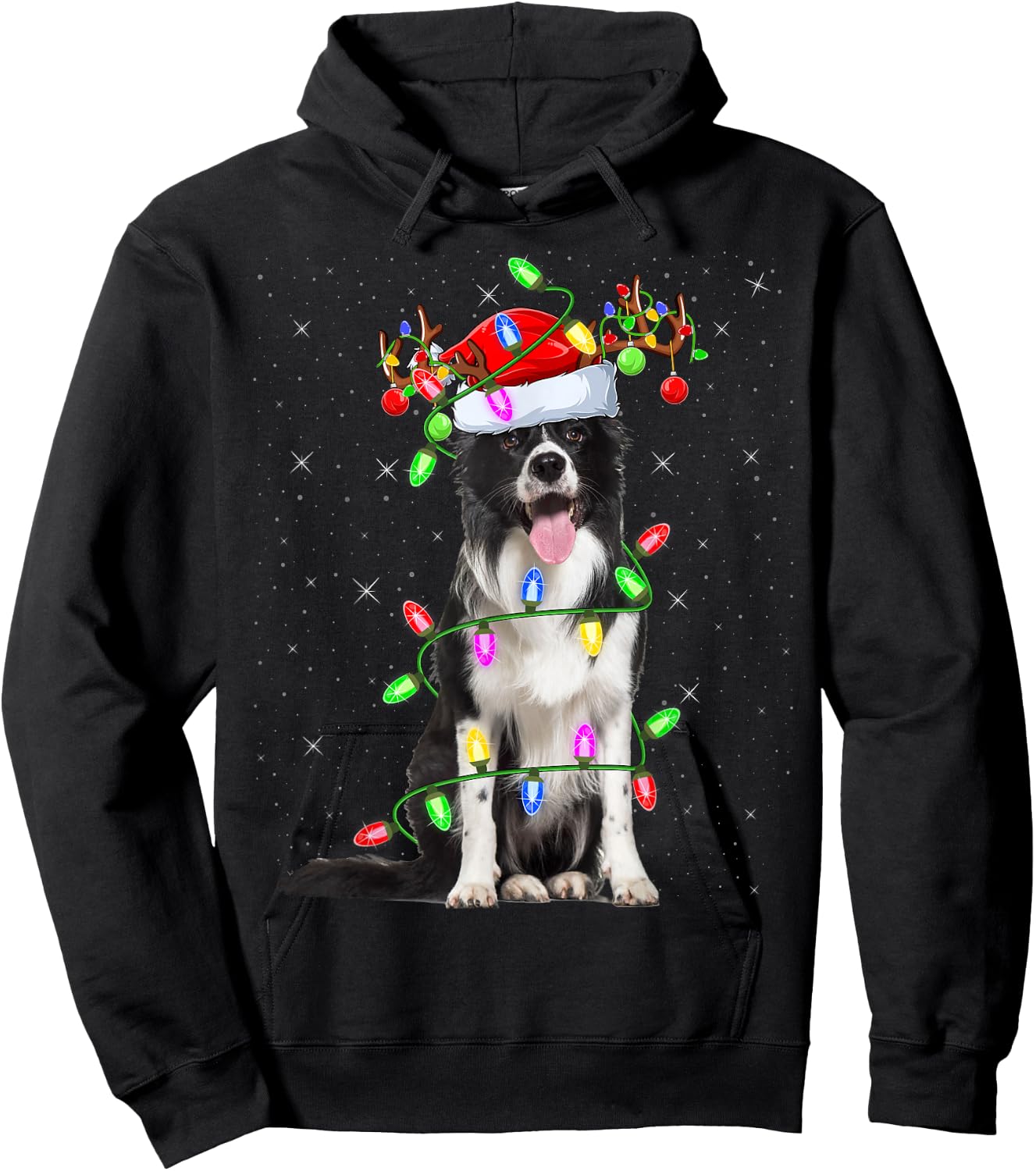 Xmas Holiday Lighting Santa Border Collie Dog Christmas Hoodie - Hoodie | Black