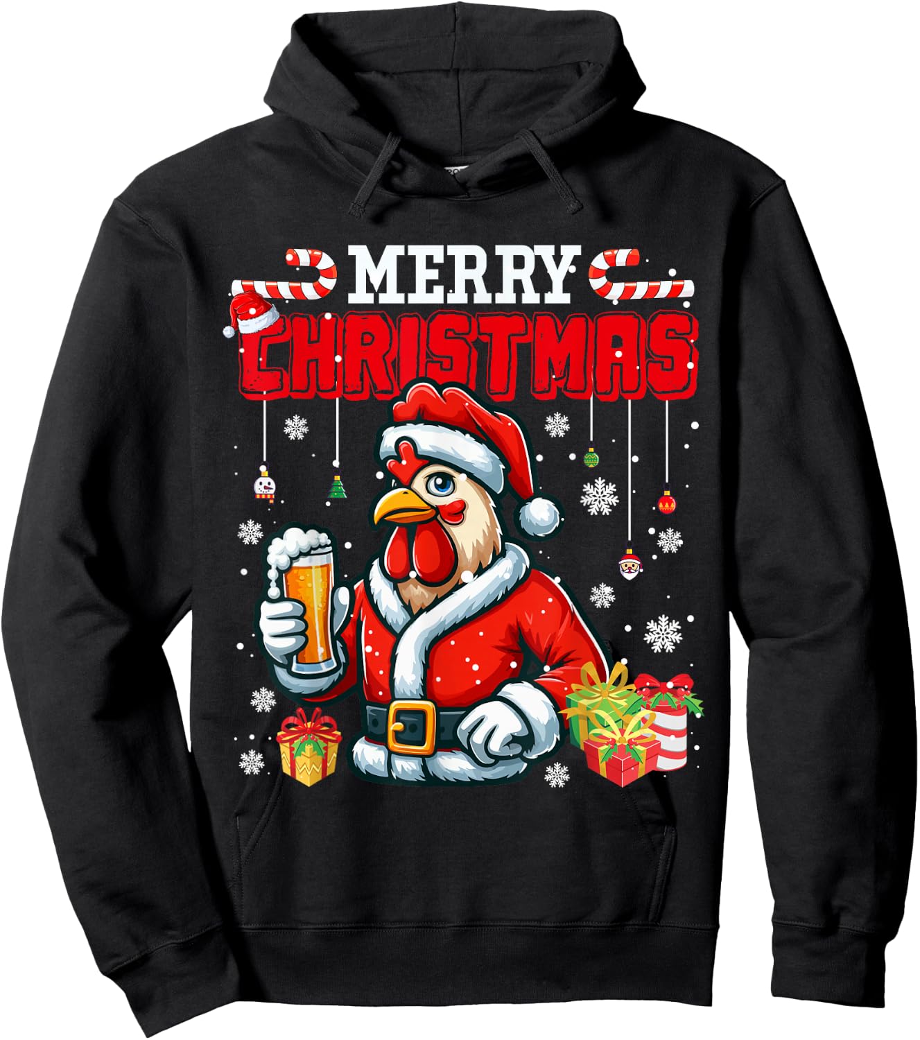 Merry Christmas Santa Rooster Chicken Drinking Beer Farmer Hoodie - Hoodie | Black