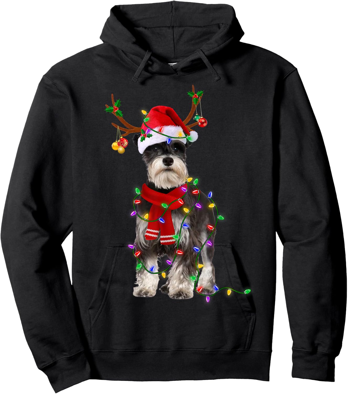 Funny Schnauzer Dog Tree Christmas Lights Dog Lover Pajama Men Women Kids Hoodie - Hoodie | Black