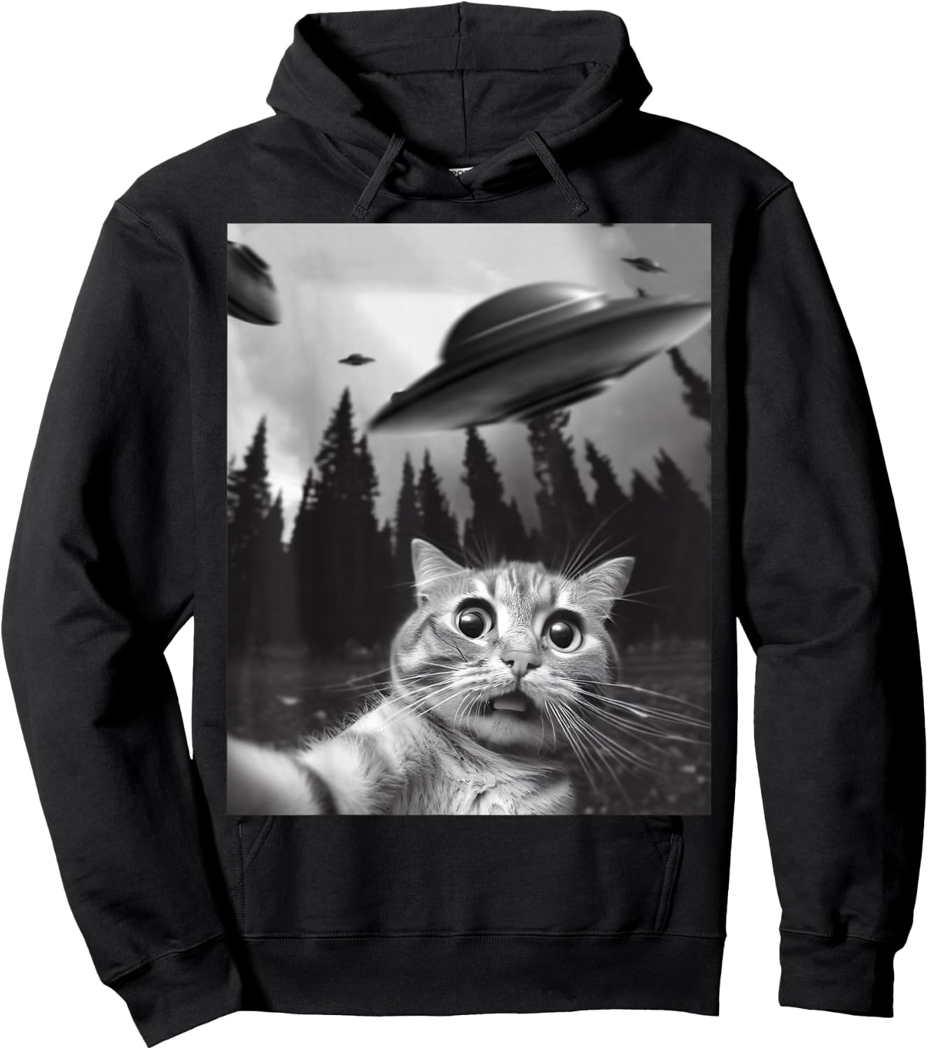Funny Cat Selfie with UFOs Hoodie - Hoodie | Black