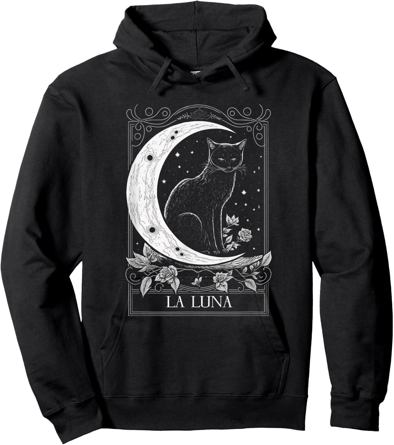 Cat and Crescent Moon Tarot Card Graphic Hoodie - Hoodie | Black