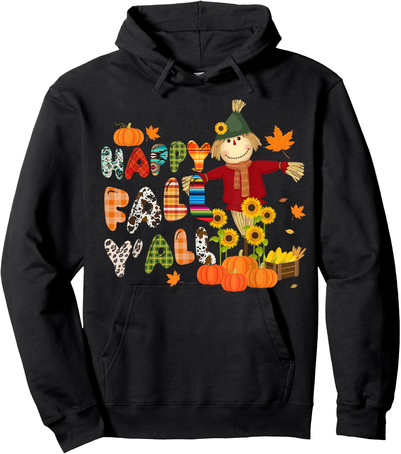 Scarecrow Happy Fall Y'all Pumpkin Thanksgiving Halloween Hoodie - Hoodie | Black