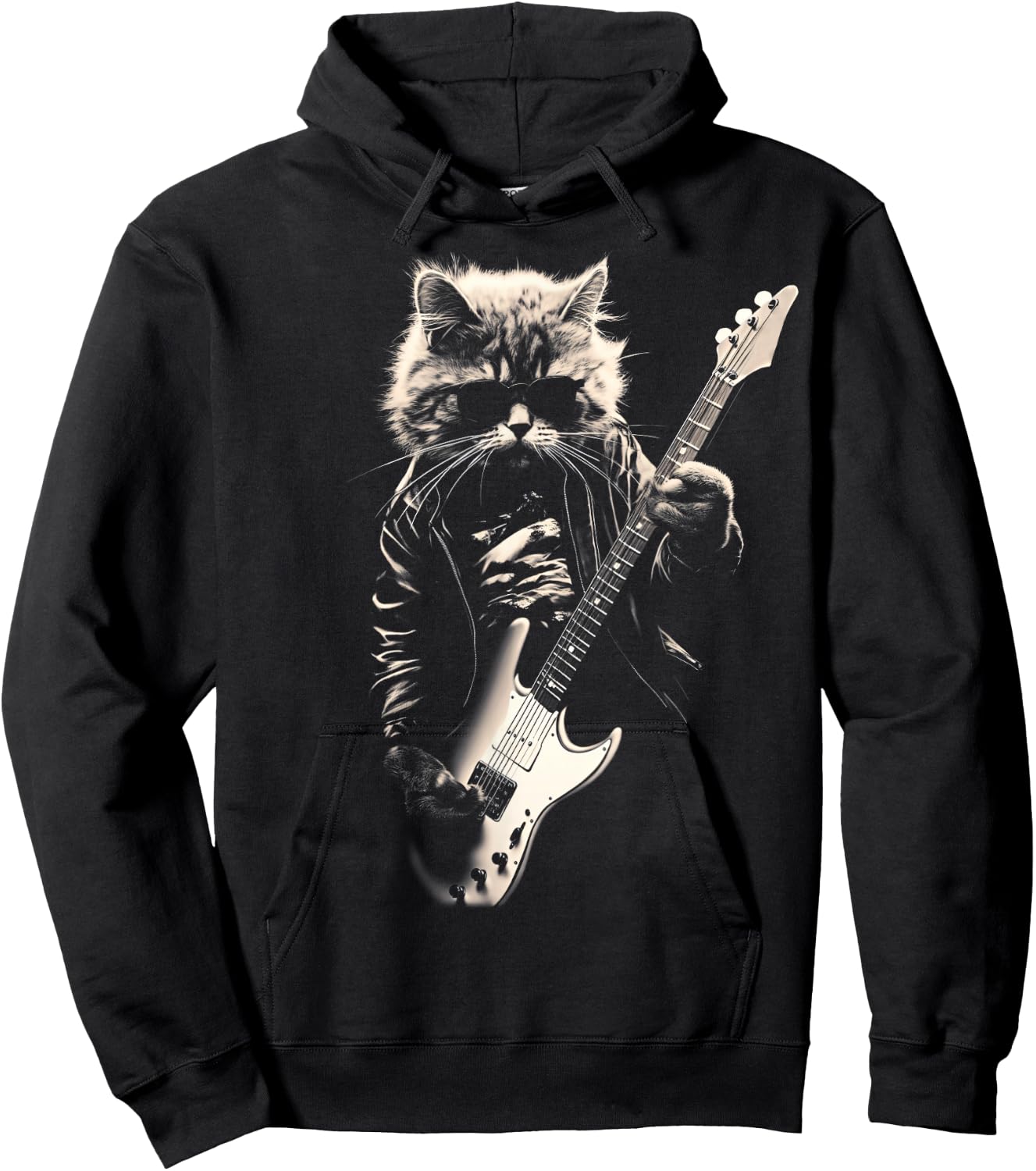 Rock Cat Playing Guitar - Funny Guitar Cat Hoodie - Hoodie | Black