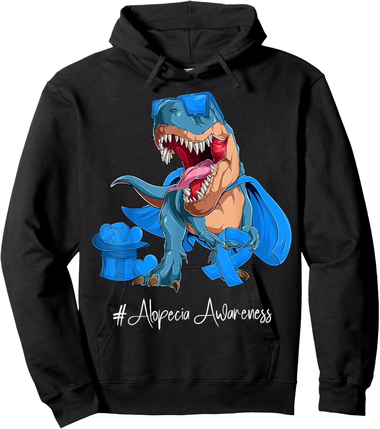 Alopecia Awareness Month Blue Ribbon Trex Hoodie - Hoodie | Black