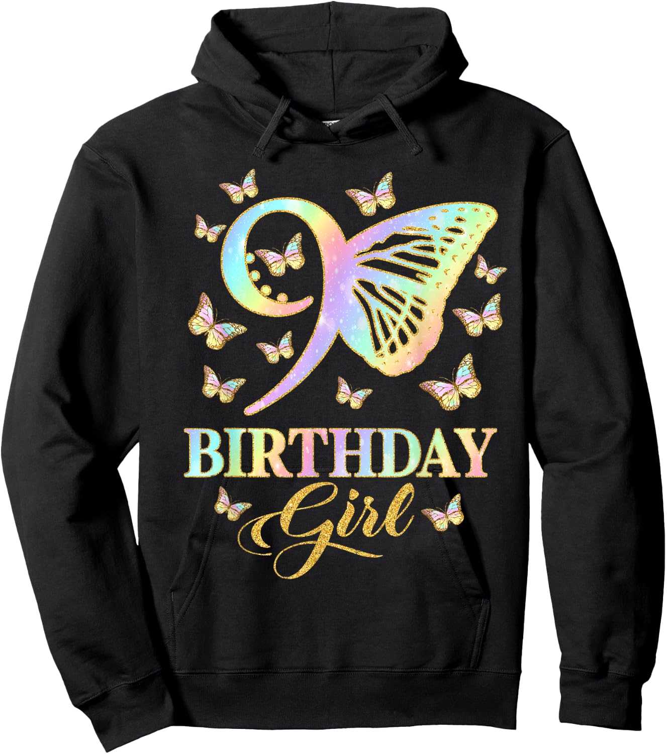 Butterfly 9th Birthday Outfit 9 Year Old Girl Kids Cute Hoodie - Hoodie | Black