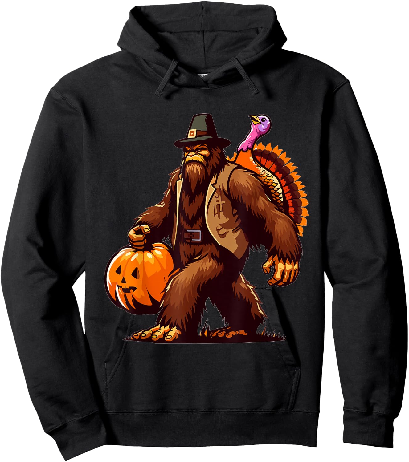 Bigfoot Pilgrim Turkey Pumpkin Thanksgiving Day Hoodie - Hoodie | Black