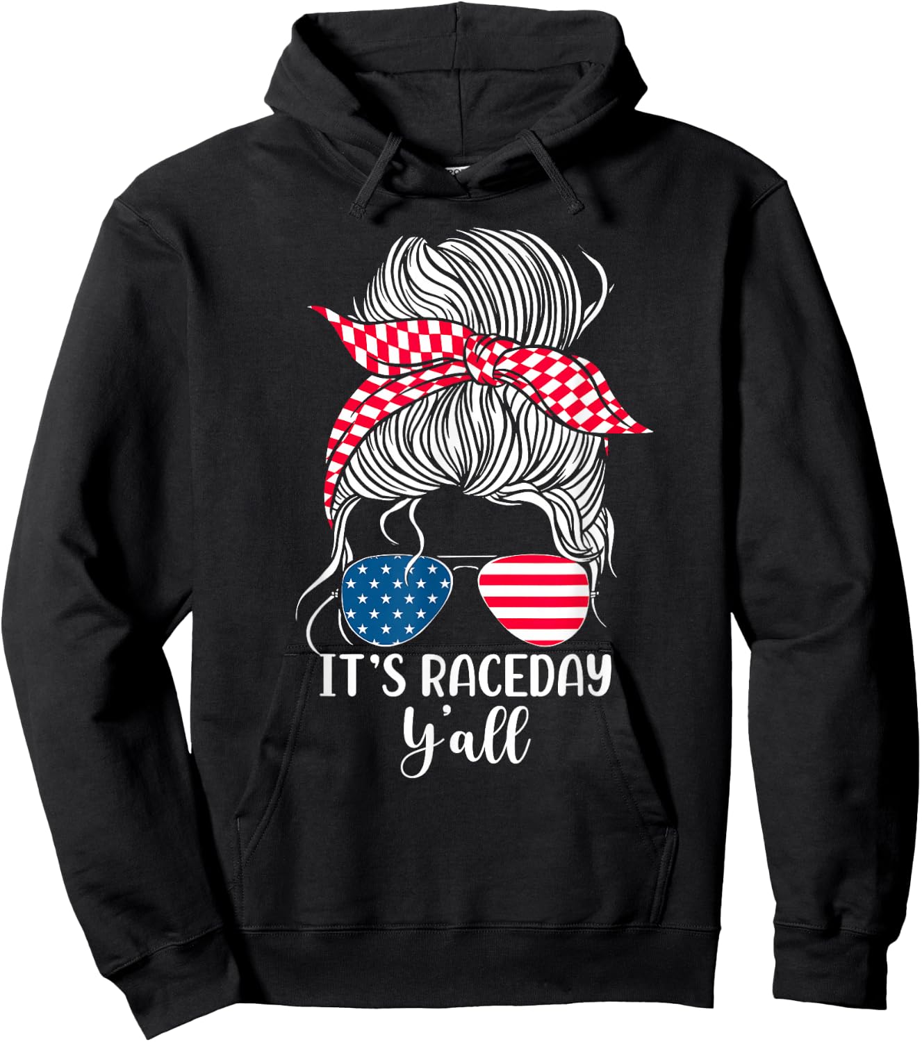 Dirt Track Racing Race Girl USA American Flag Glasses Bun Hoodie - Hoodie | Black