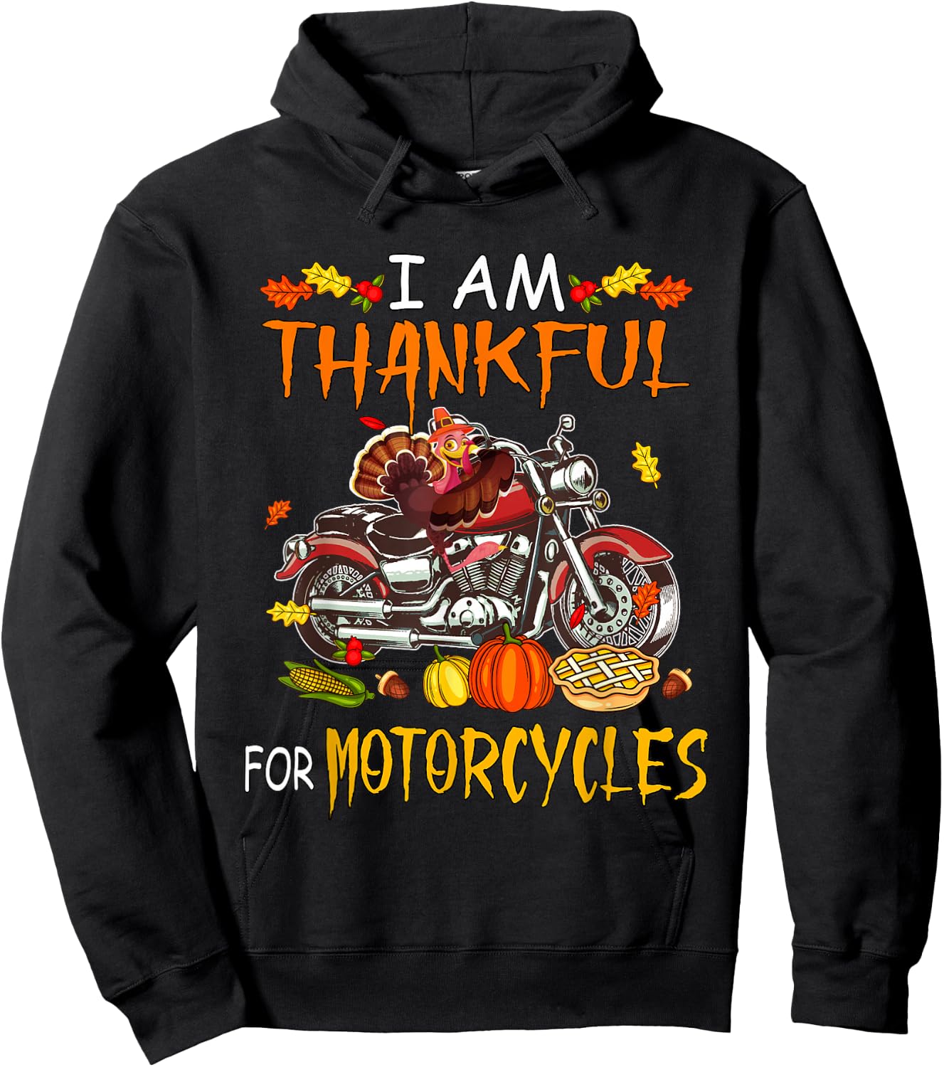 Biker Thanksgiving Costume Thankful For Motorcycles Funny Turkey Riding Motorcycle - Black, -Adults, Short Sleeve, , Thanksgiving, Halloween Hoodie - Hoodie | Black