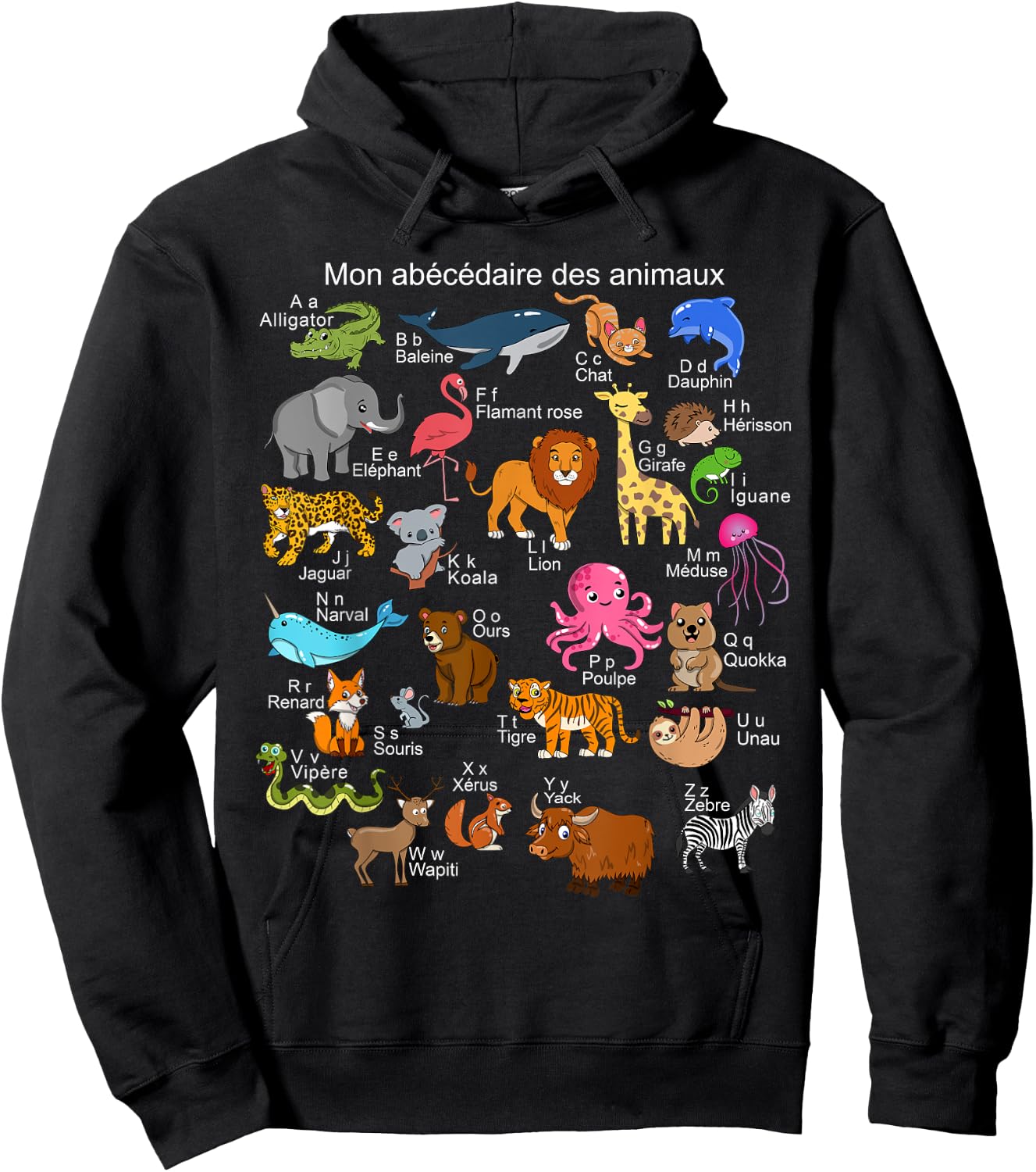 French Animals Alphabet A-Z ABC of the Wildlife Hoodie - Hoodie | Black