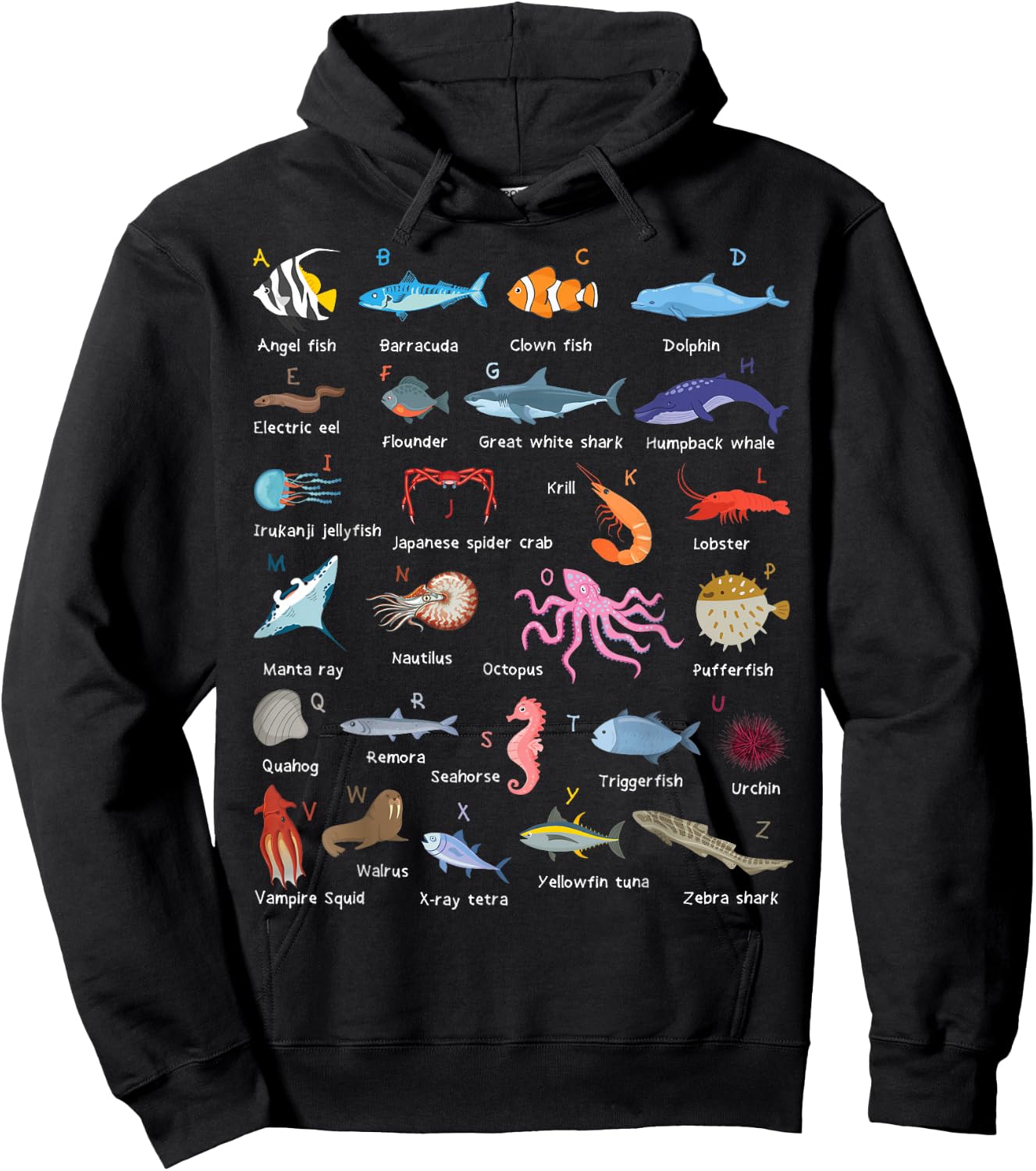 A-Z Ocean Life Exploration - Sea Creatures Alphabet Hoodie - Hoodie | Black