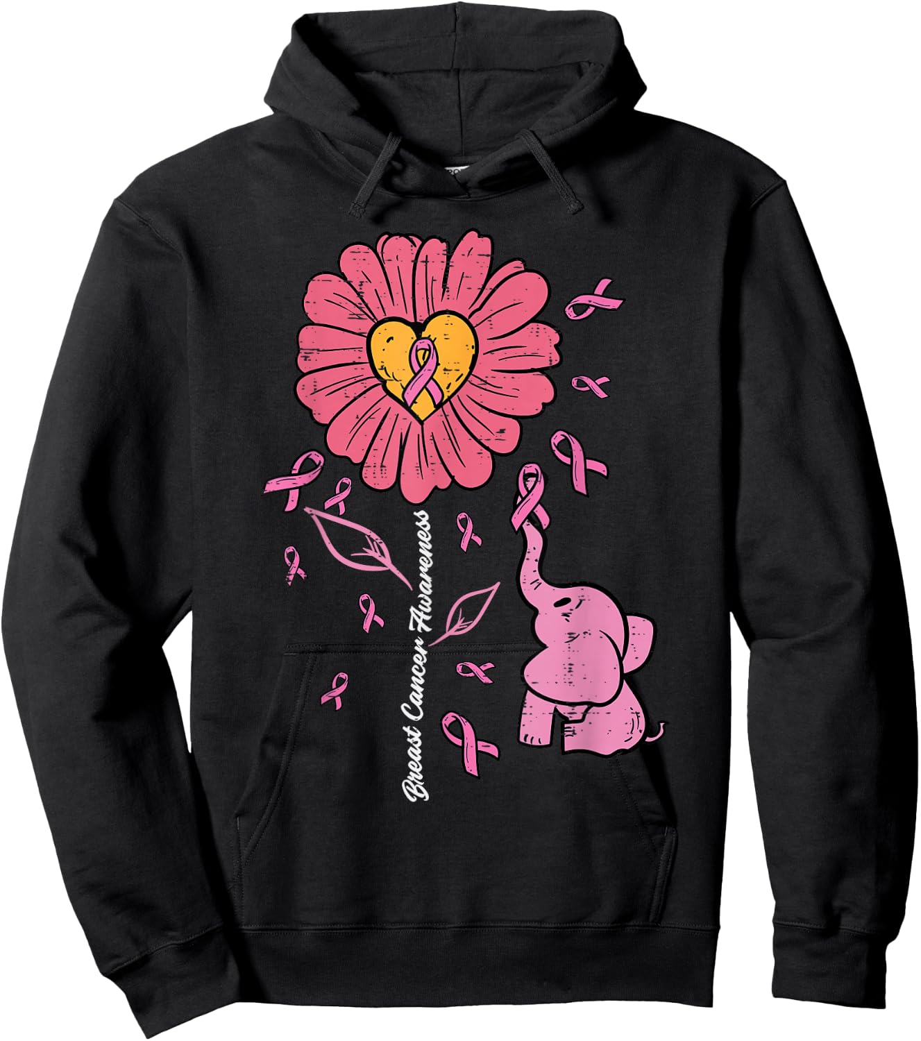 Pink Sunflower Elephant Daisy Breast Cancer Awareness Women Hoodie - Hoodie | Black