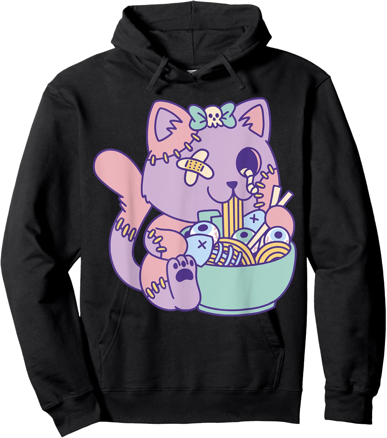 Cute Pastel Kawaii Zombie Cat Eating Ramen Halloween 2023 Hoodie - Hoodie | Black