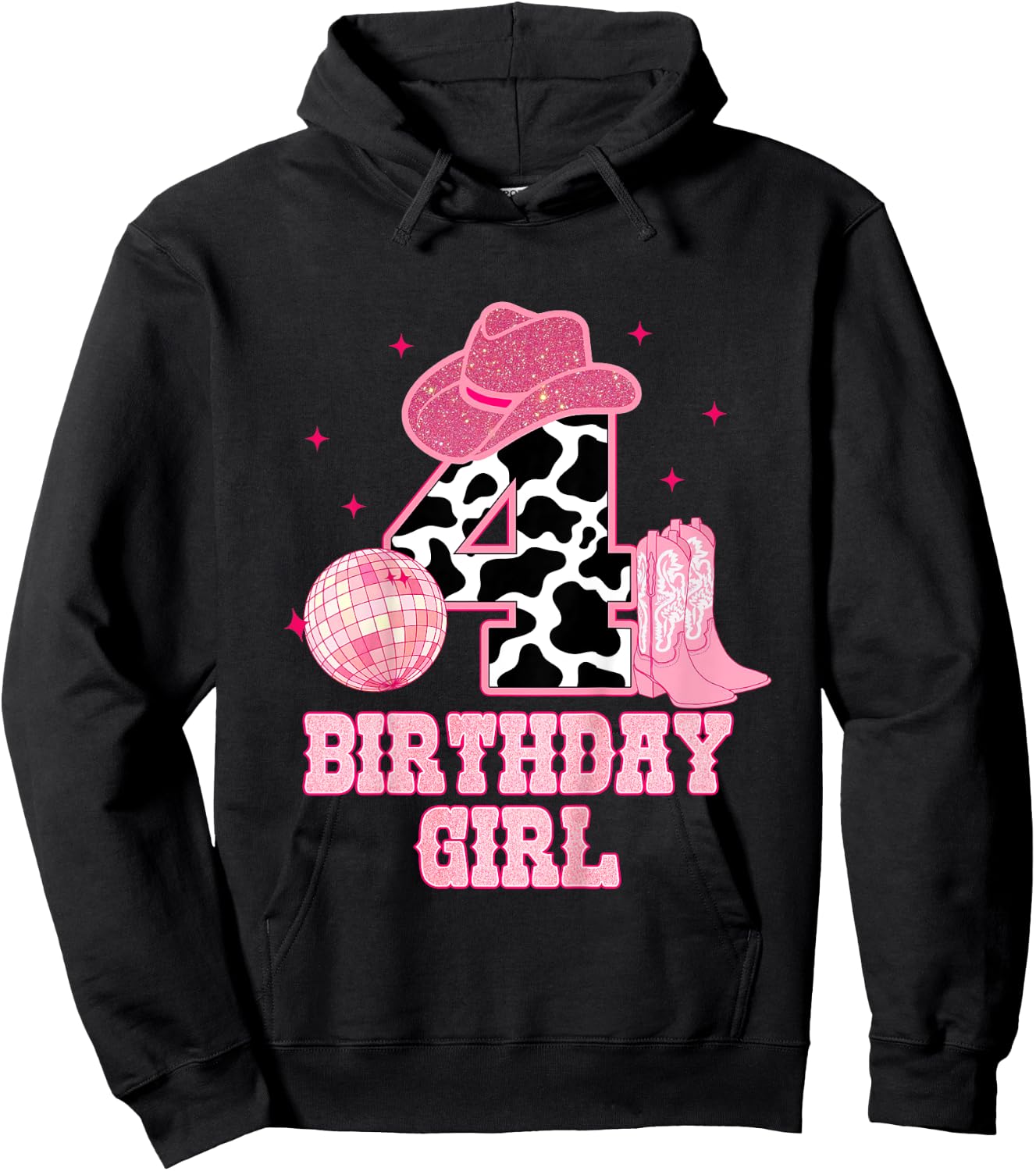Happy 4th Birthday Girl Outfit Rodeo Western Cowgirl Cowboy Hoodie - Hoodie | Black
