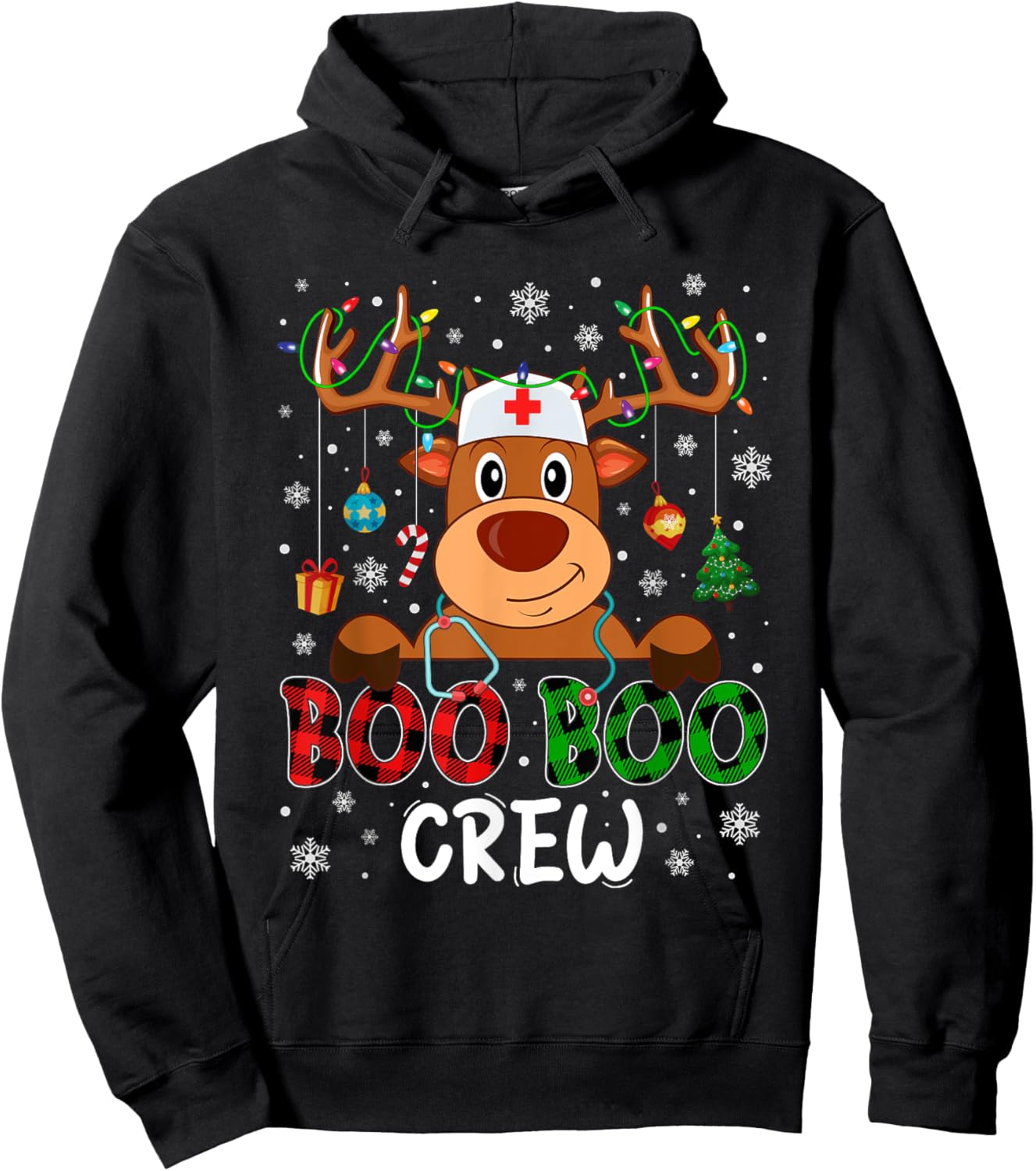 Reindeer Boo Boo Crew Nurse Buffalo Plaid Christmas Nurse Hoodie - Hoodie | Black