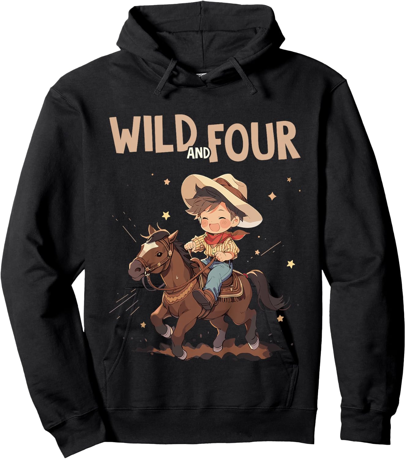 Kids 4th Birthday Cute Little Cowboy Western - Wild and Four Hoodie - Hoodie | Black