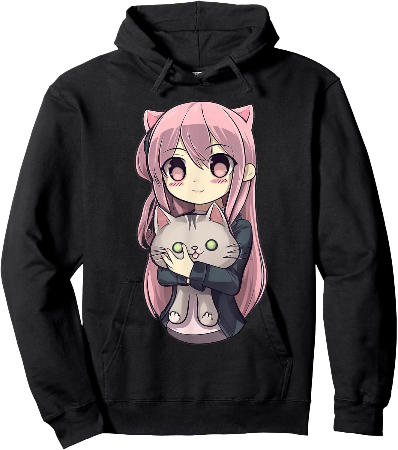 Anime and Cats Kawaii Cute Teen Otaku Girl with Cat Hoodie - Hoodie | Black