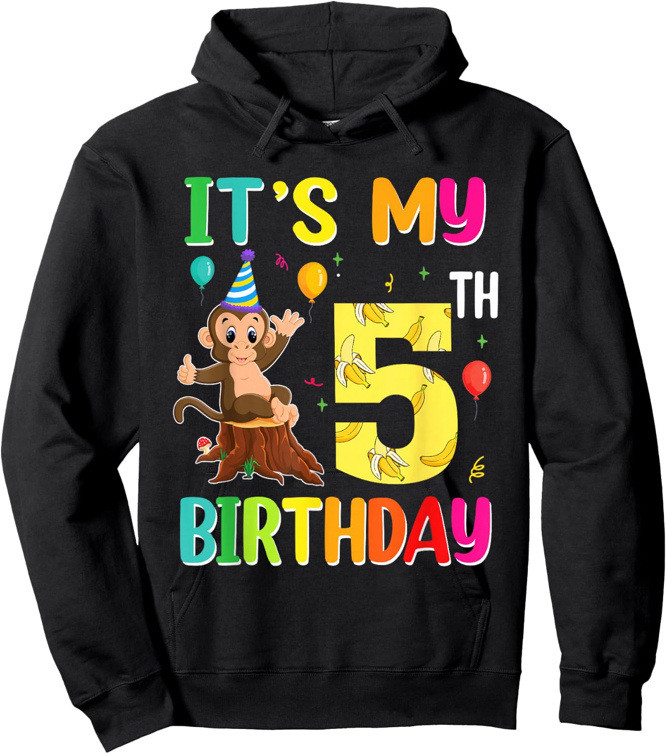 It's My 5th Birthday Monkey 5 Year Old Boy Girl Hoodie - Hoodie | Black