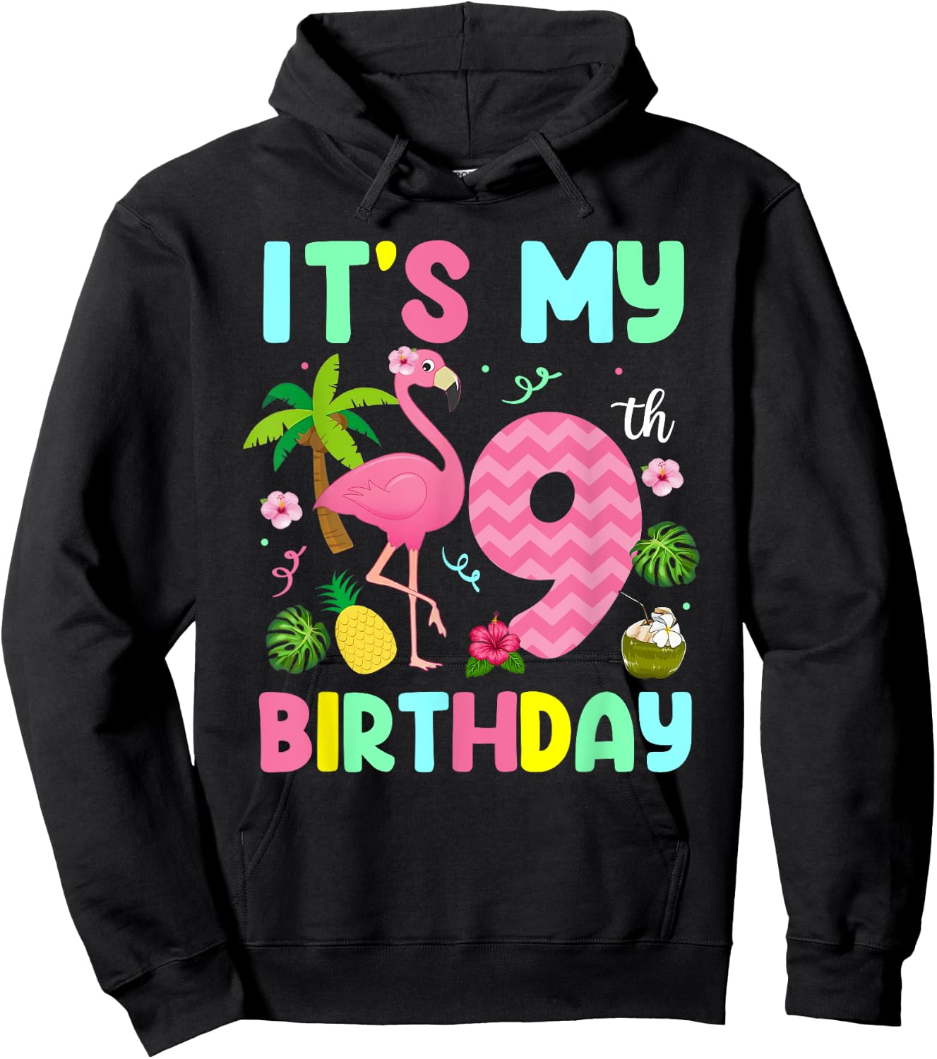 It's My 9th Birthday Flamingo Shirt Hawaii 9 Yrs Old Girl Hoodie - Hoodie | Black