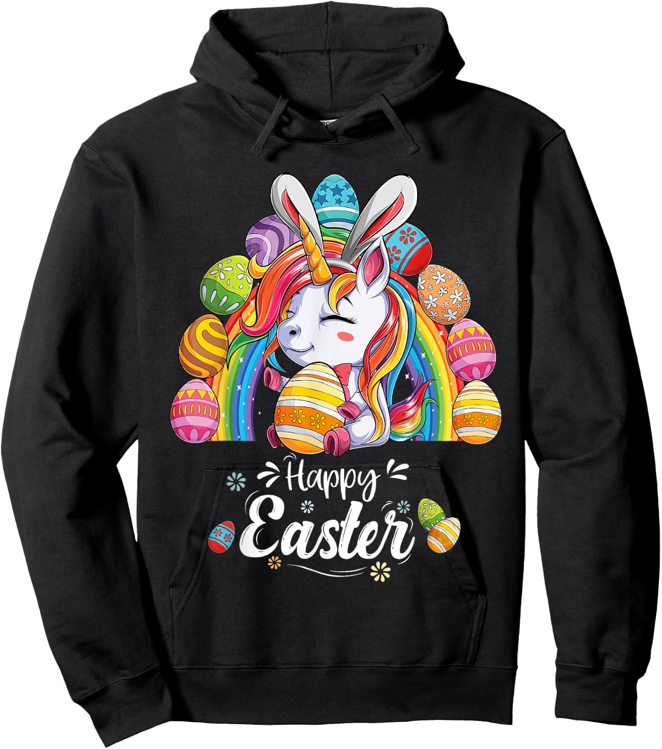 Unicorn Happy Easter Day bunny Rainbow egg Girls Kids Hoodie - Hoodie | Black