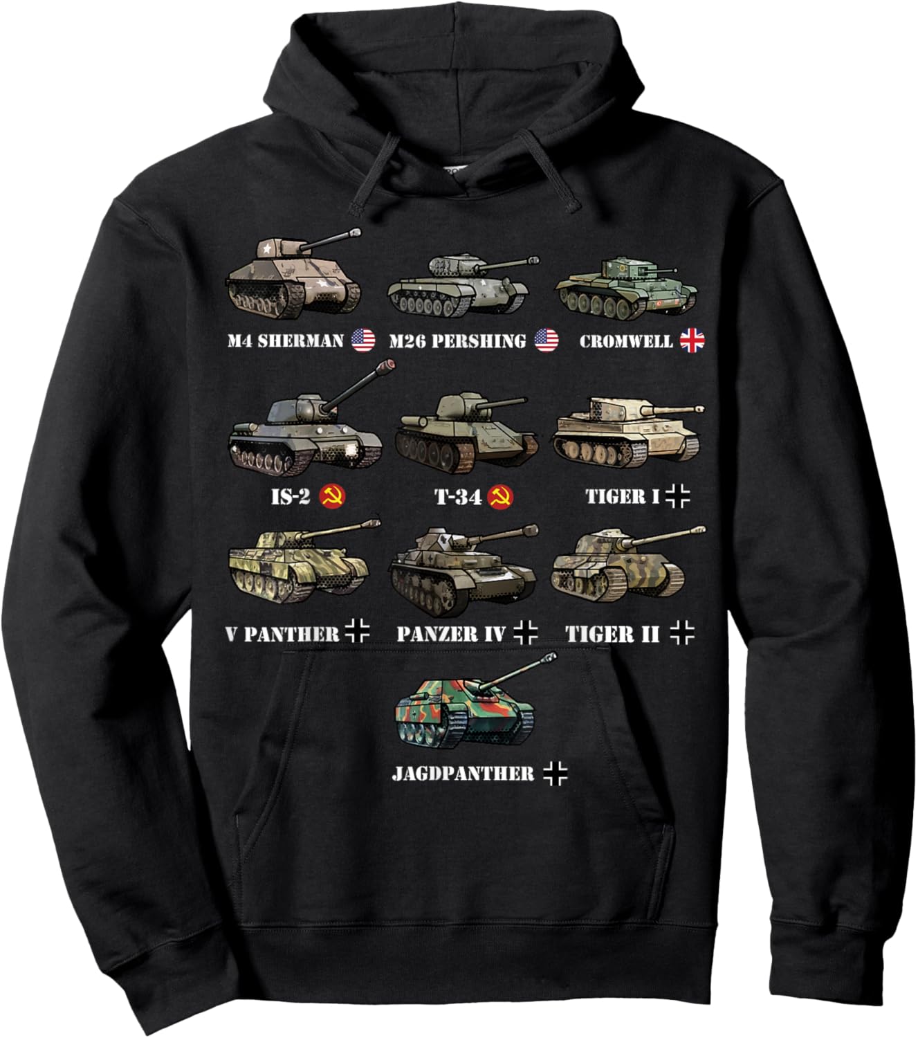 WW2 Tanks M4 Sherman Panzer IV Tiger II T-34 History Buff Hoodie - Hoodie | Black