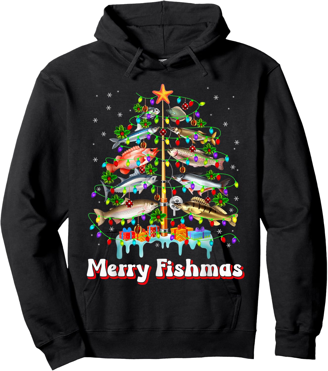 Merry Fishmas Christmas Tree Funny Fish Fishing Fisherman Hoodie - Hoodie | Black