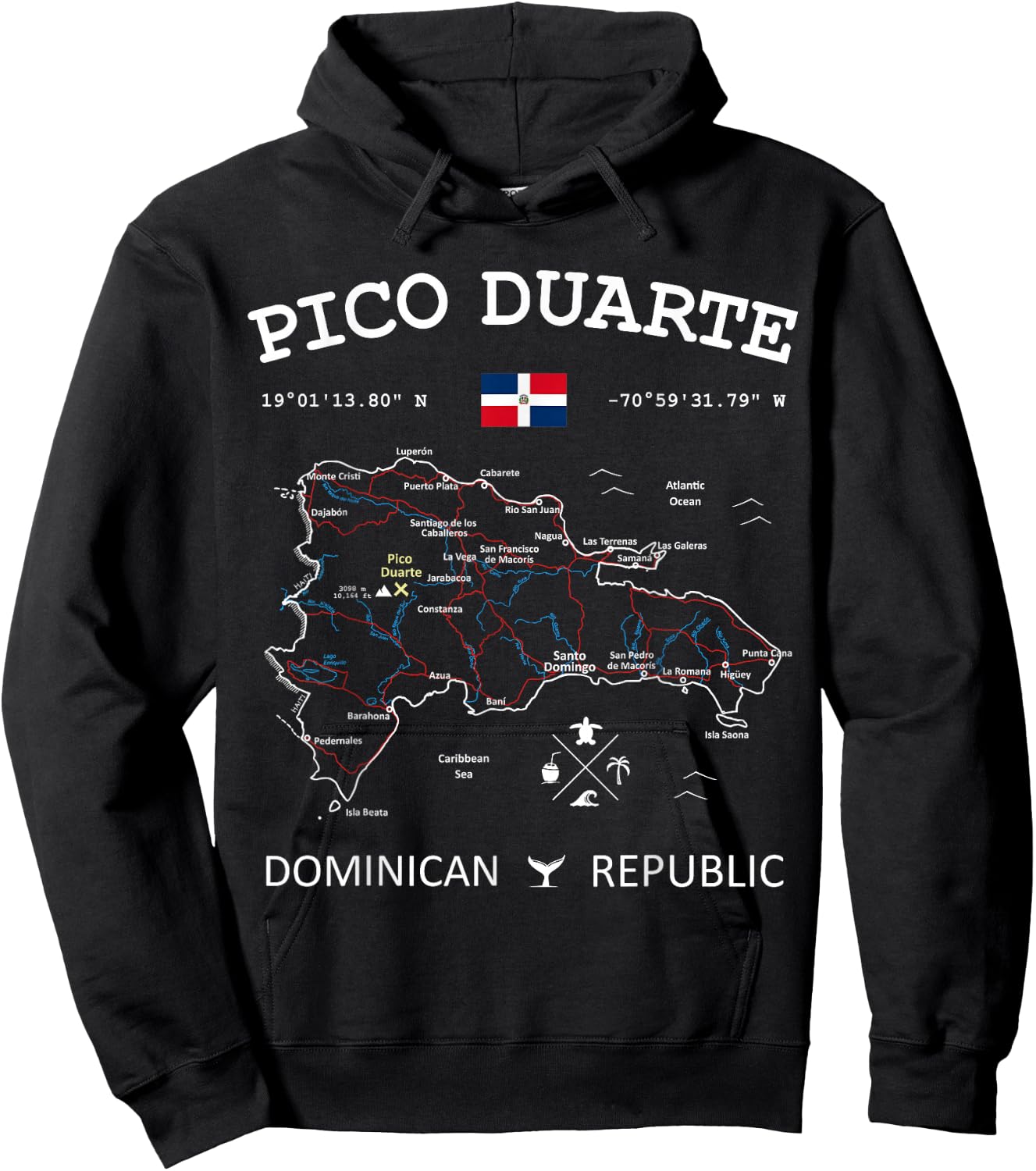 PICO DUARTE Dominican Republic Flag Map GPS Coordinates Hoodie - Hoodie | Black