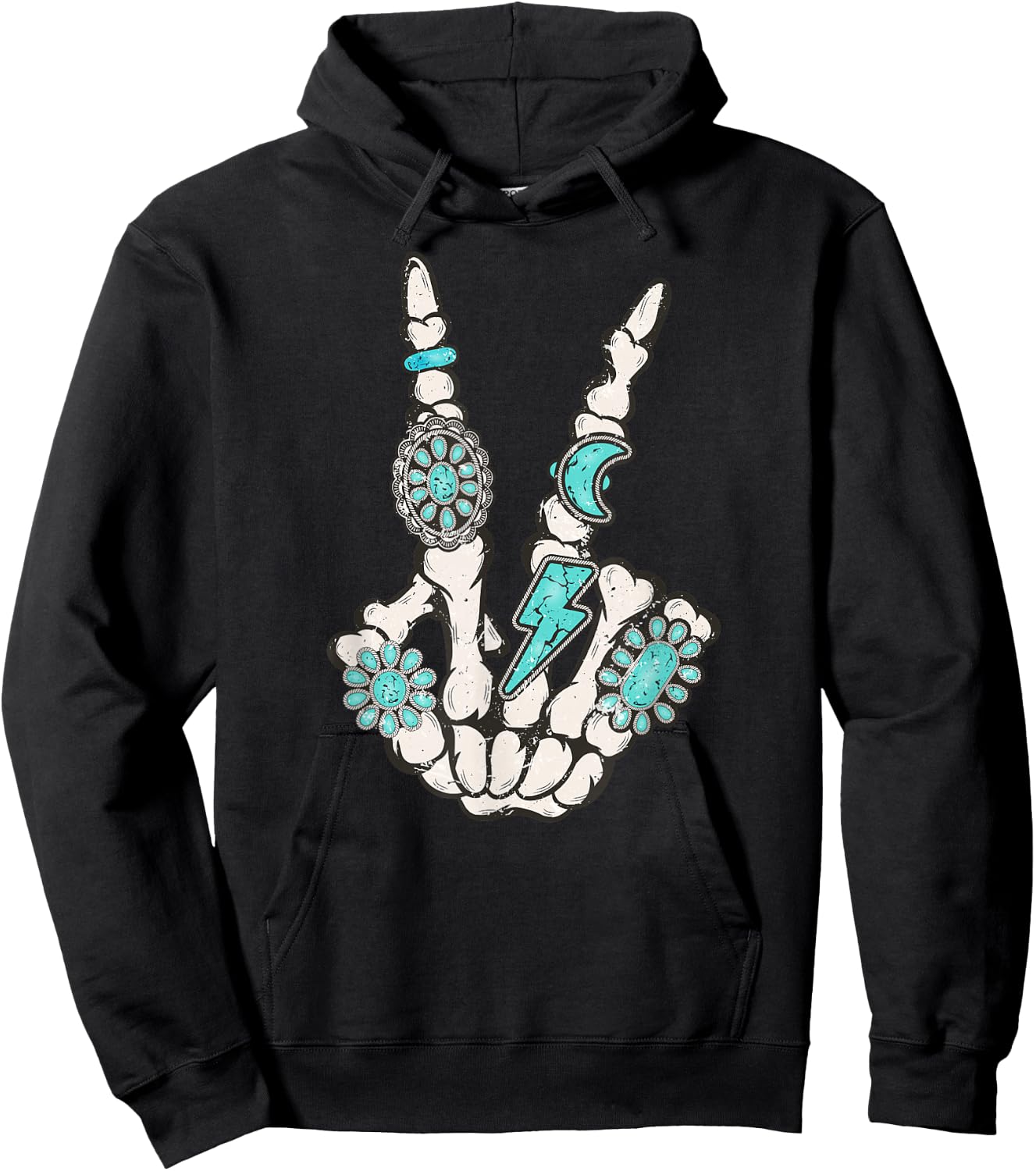 Skeleton Turquoise Hand Western Rodeo Cowboy Cowgirl Hoodie - Hoodie | Black