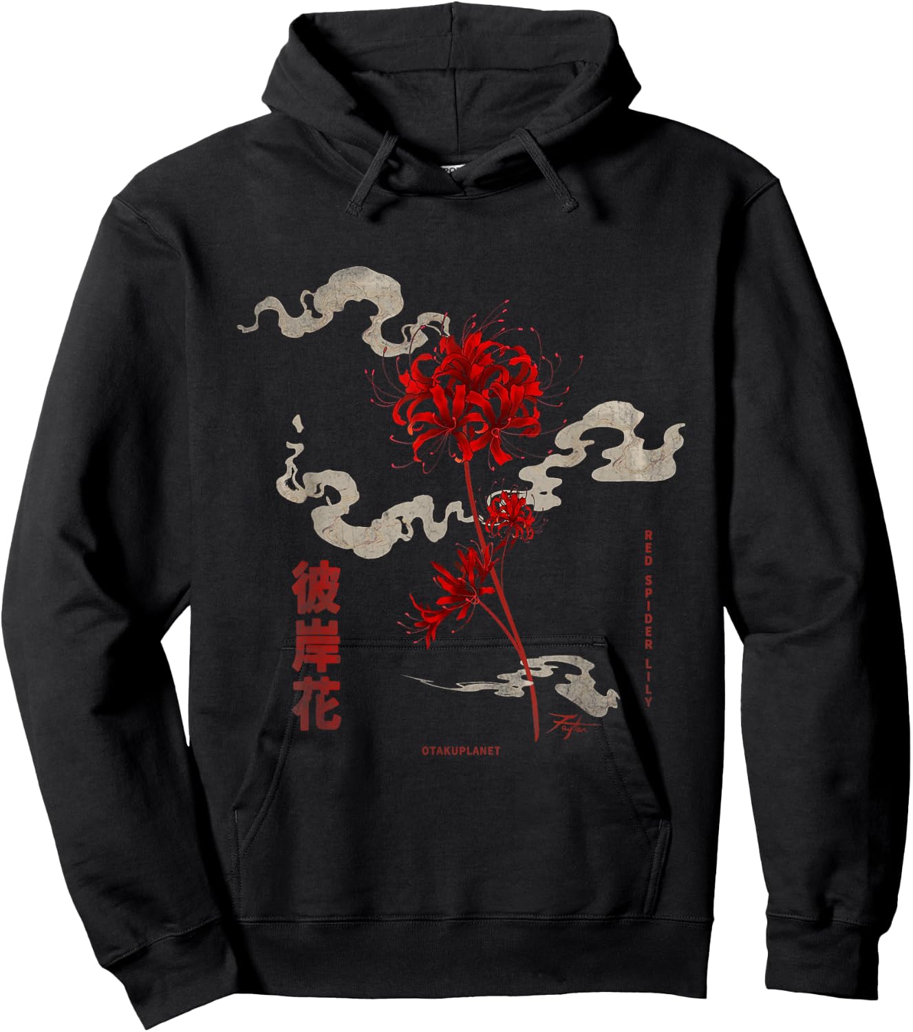 Higanbana or Red Spider Lily in 90s Harajuku Aesthetic Style Hoodie - Hoodie | Black