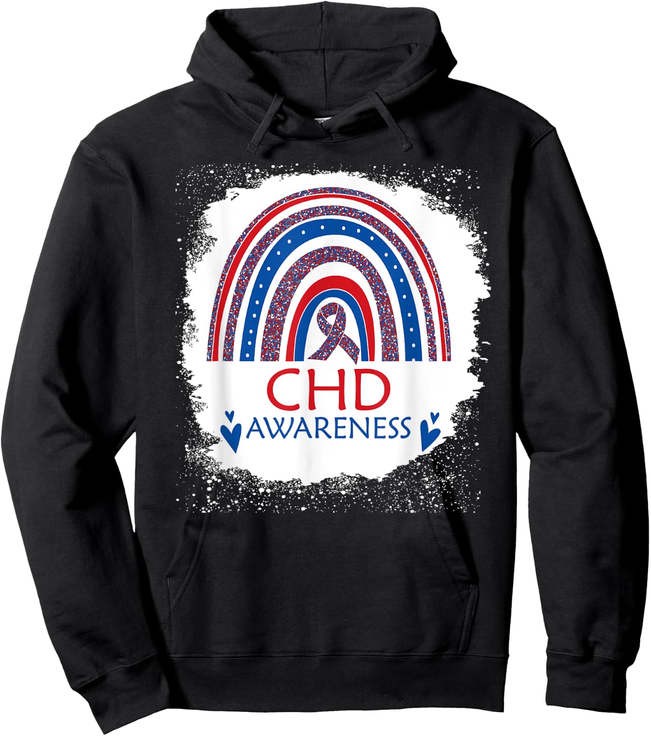 CHD Awareness Heart Disease Bleached Rainbow Blue Red Ribbon Hoodie - Hoodie | Black