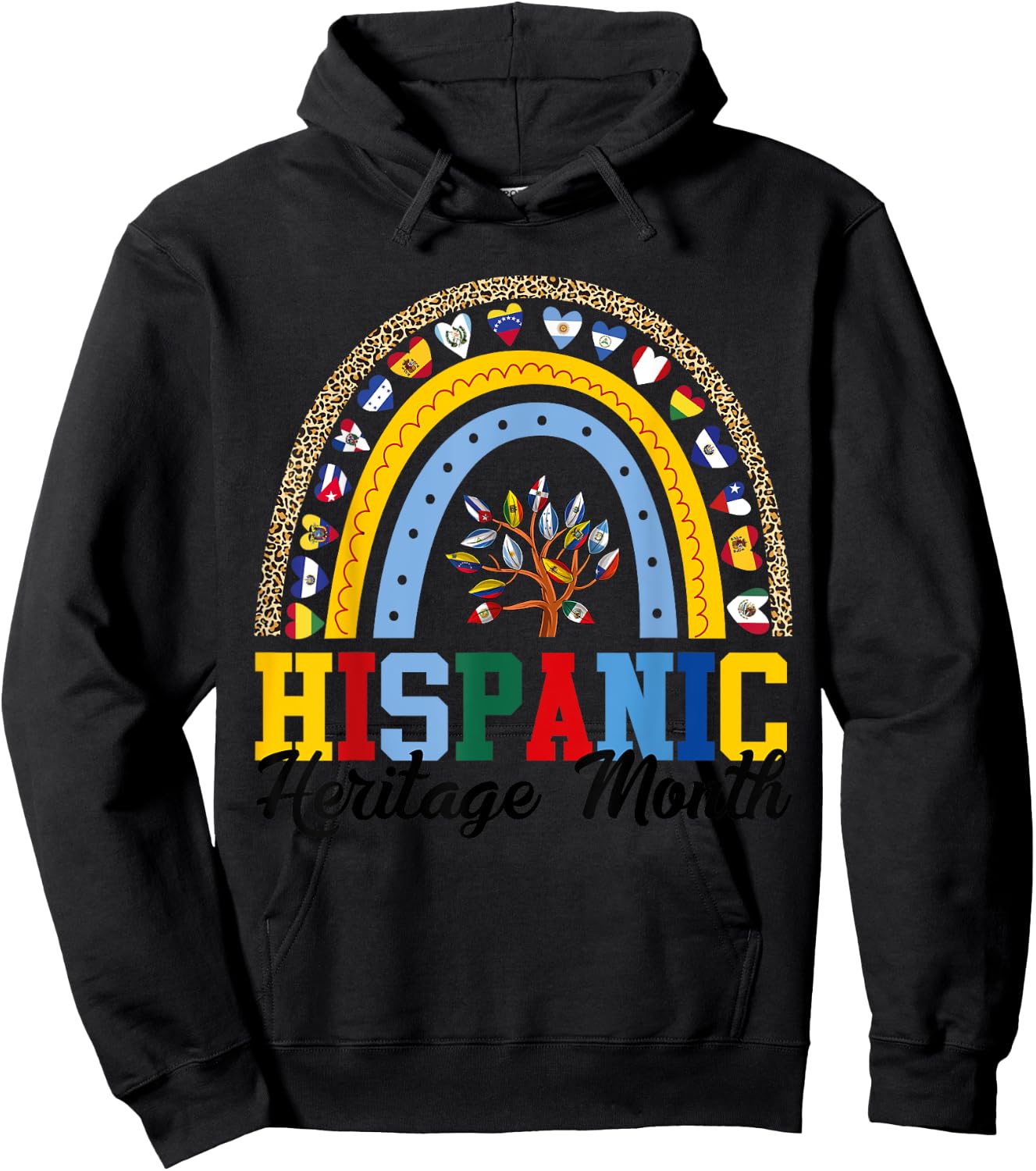 Hispanic Heritage Month all Countries Flags rainbow leopard Hoodie - Hoodie | Black