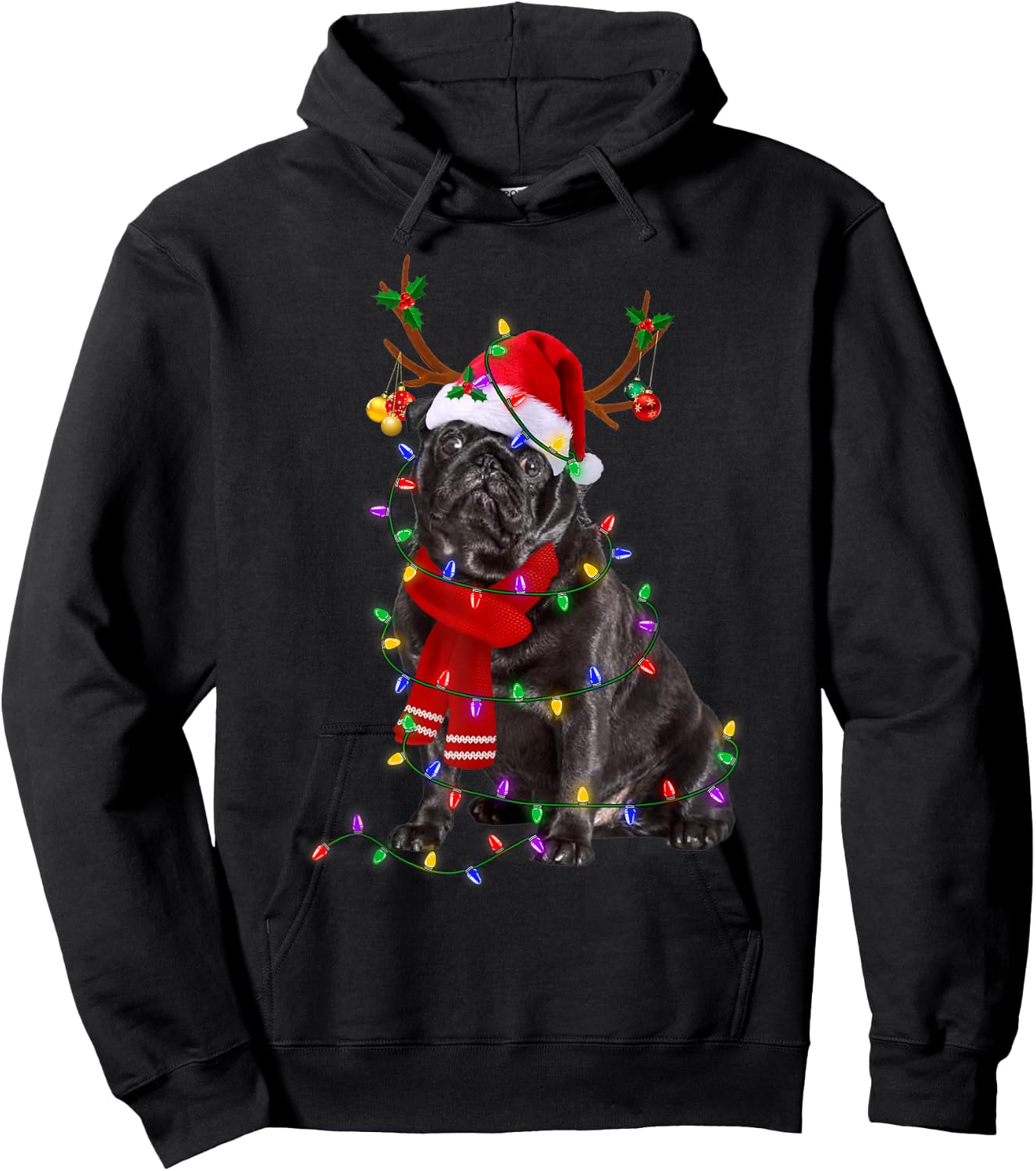 Funny Black Pug Dog Tree Christmas Lights Xmas Pajama Men Women Kids Hoodie - Hoodie | Black